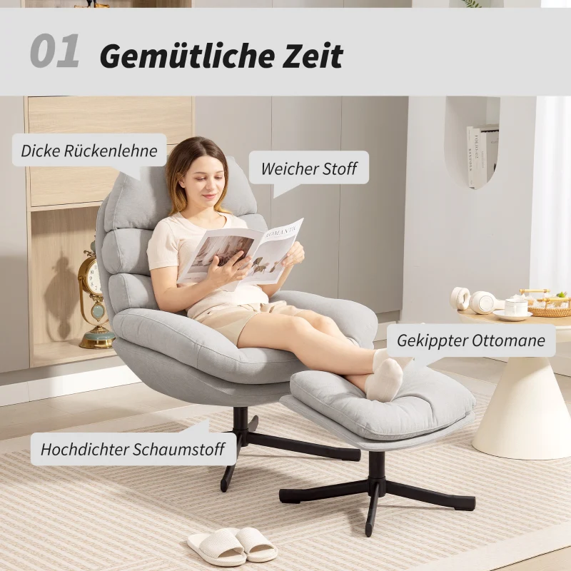 Reclining Armchair & Footstool Chenille Fabric - Cream White - Image 4
