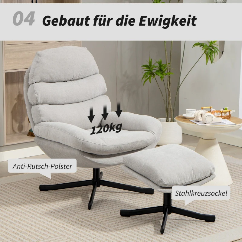 Reclining Armchair & Footstool Chenille Fabric - Cream White - Image 7