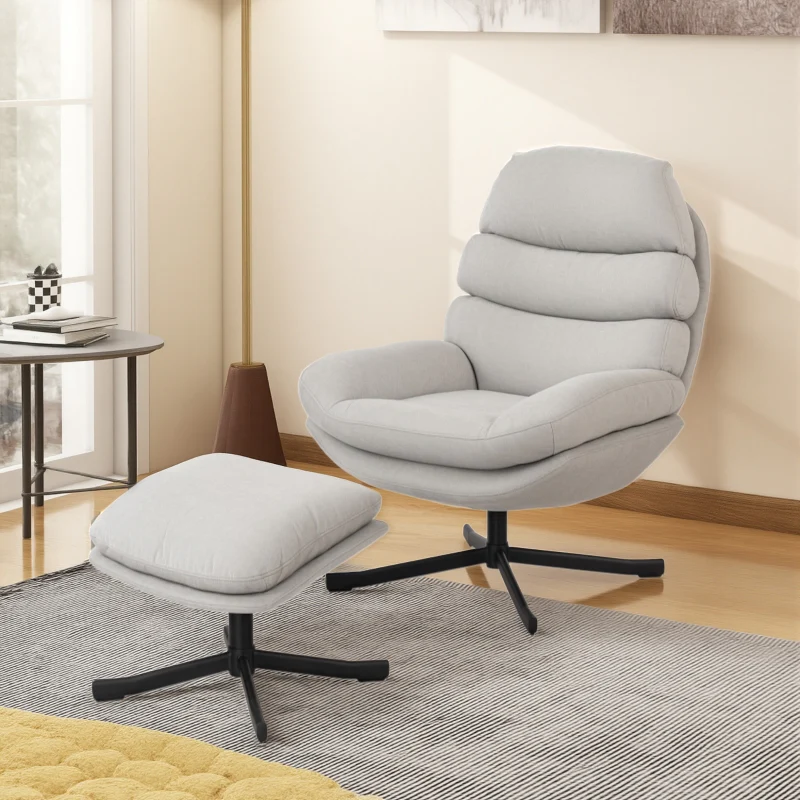 Reclining Armchair & Footstool Chenille Fabric - Cream White - Image 8