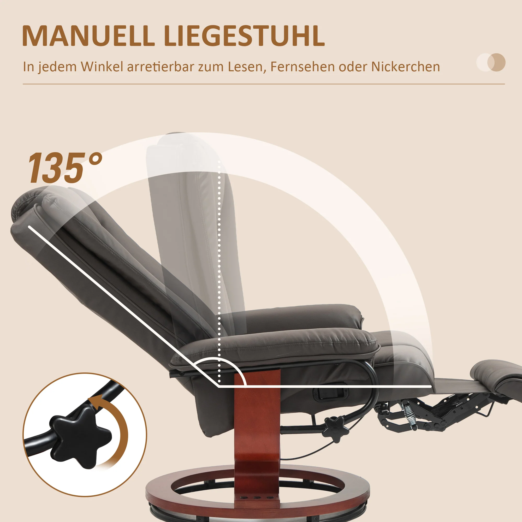 Reclining TV Armchair, Swivel Adjustable Backrest 150 kg Capacity, Faux Leather Brown - Image 4