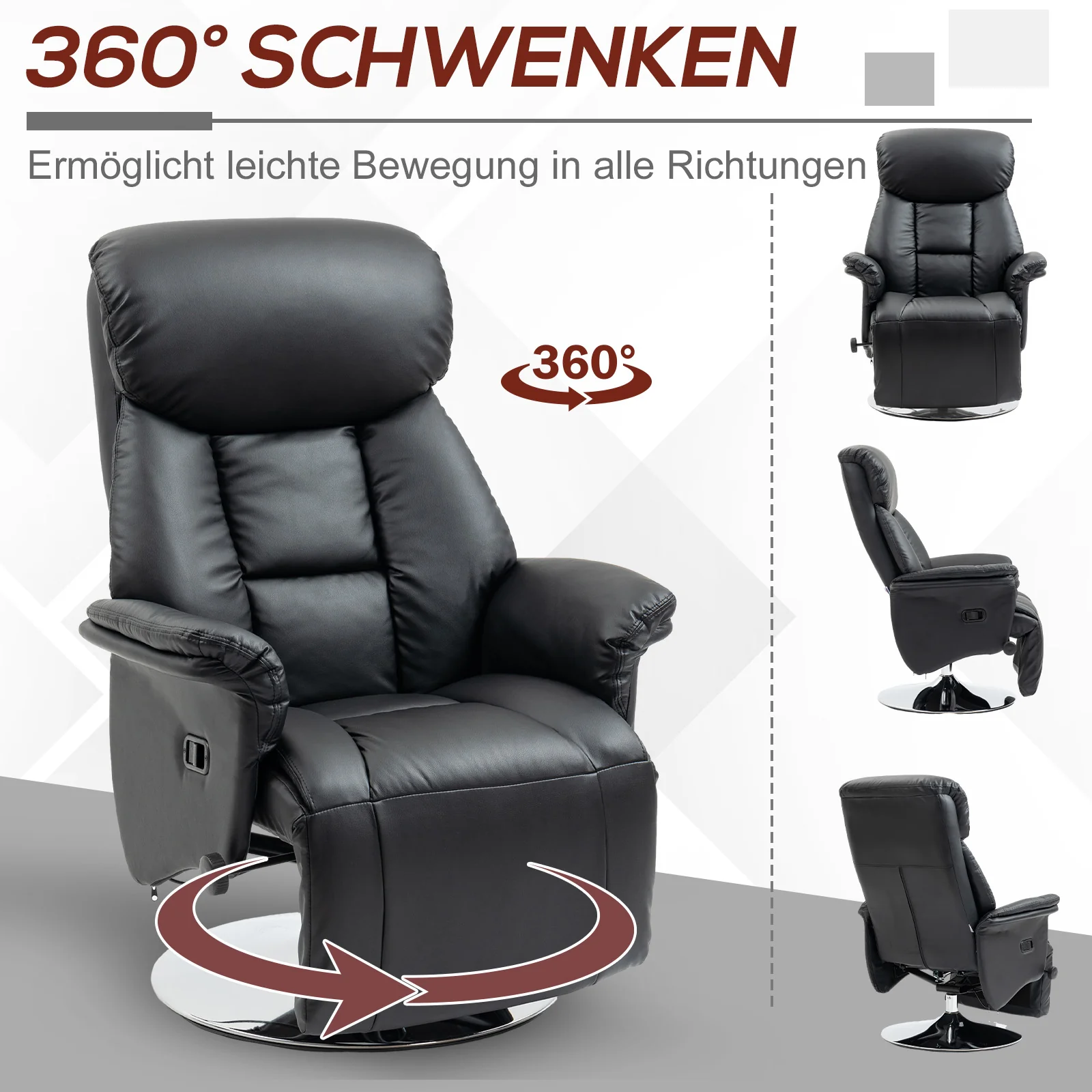 Reclining TV Chair, Manually Adjustable Non-slip 150kg, Black Faux Leather - Image 5