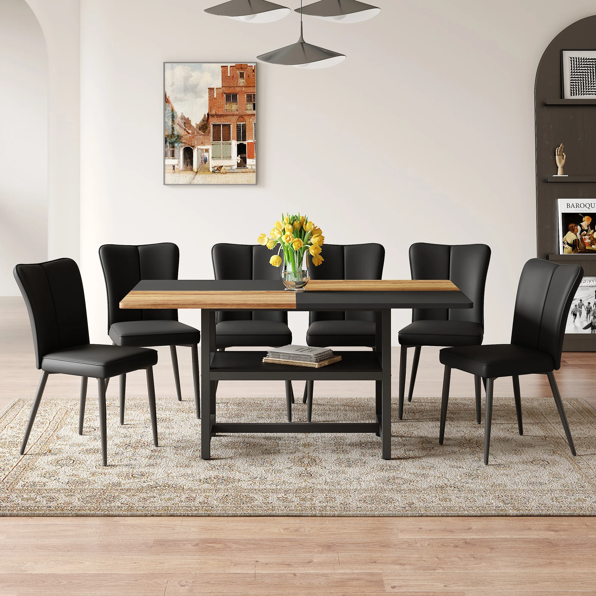 Rectangular Dining Table Set 160 cm with Storage & 6 Modern PU Chairs Black - Image 2