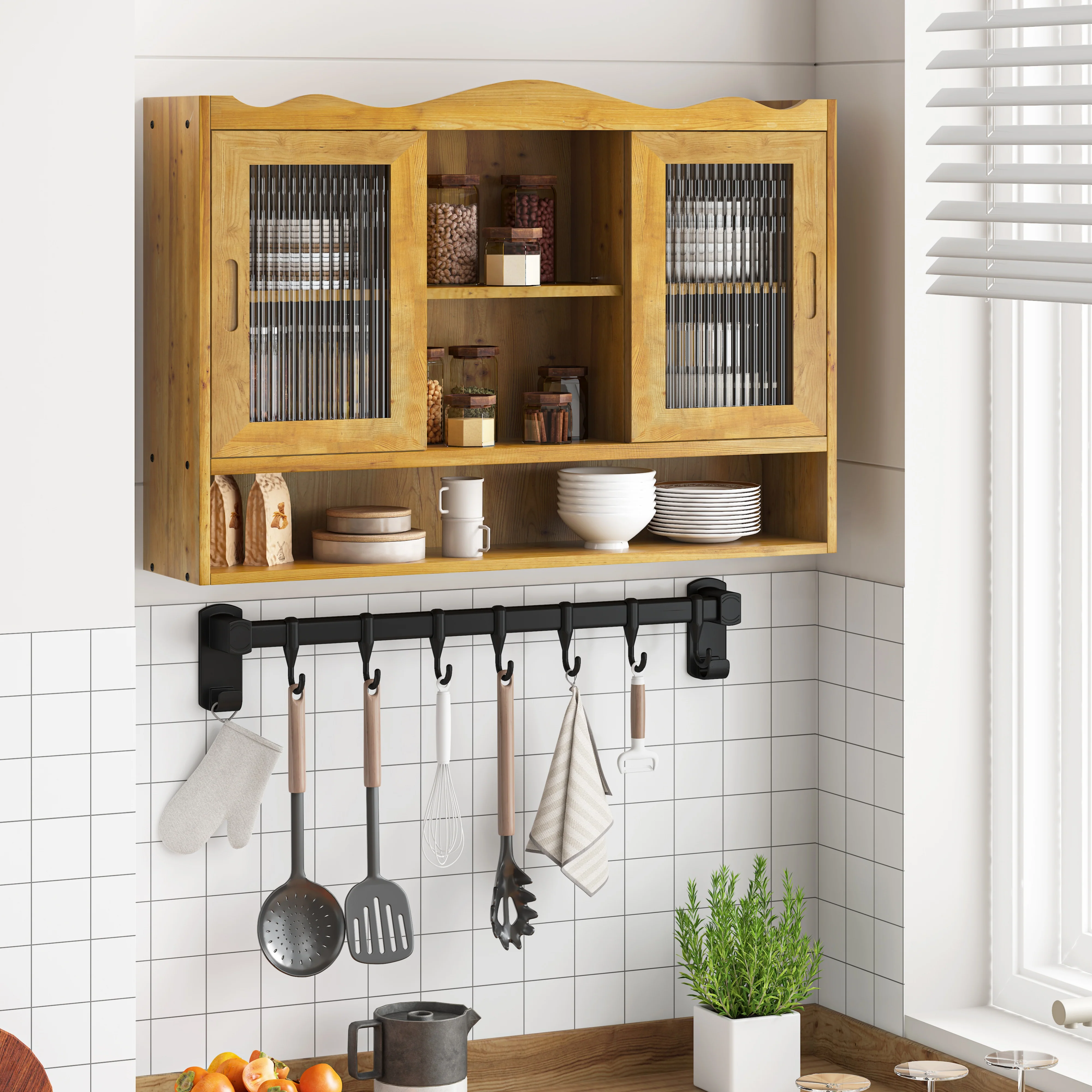 Retro 2 Door Sliding Cabinet 90CM Three Layers Storage Space, Natural Finish - Image 2