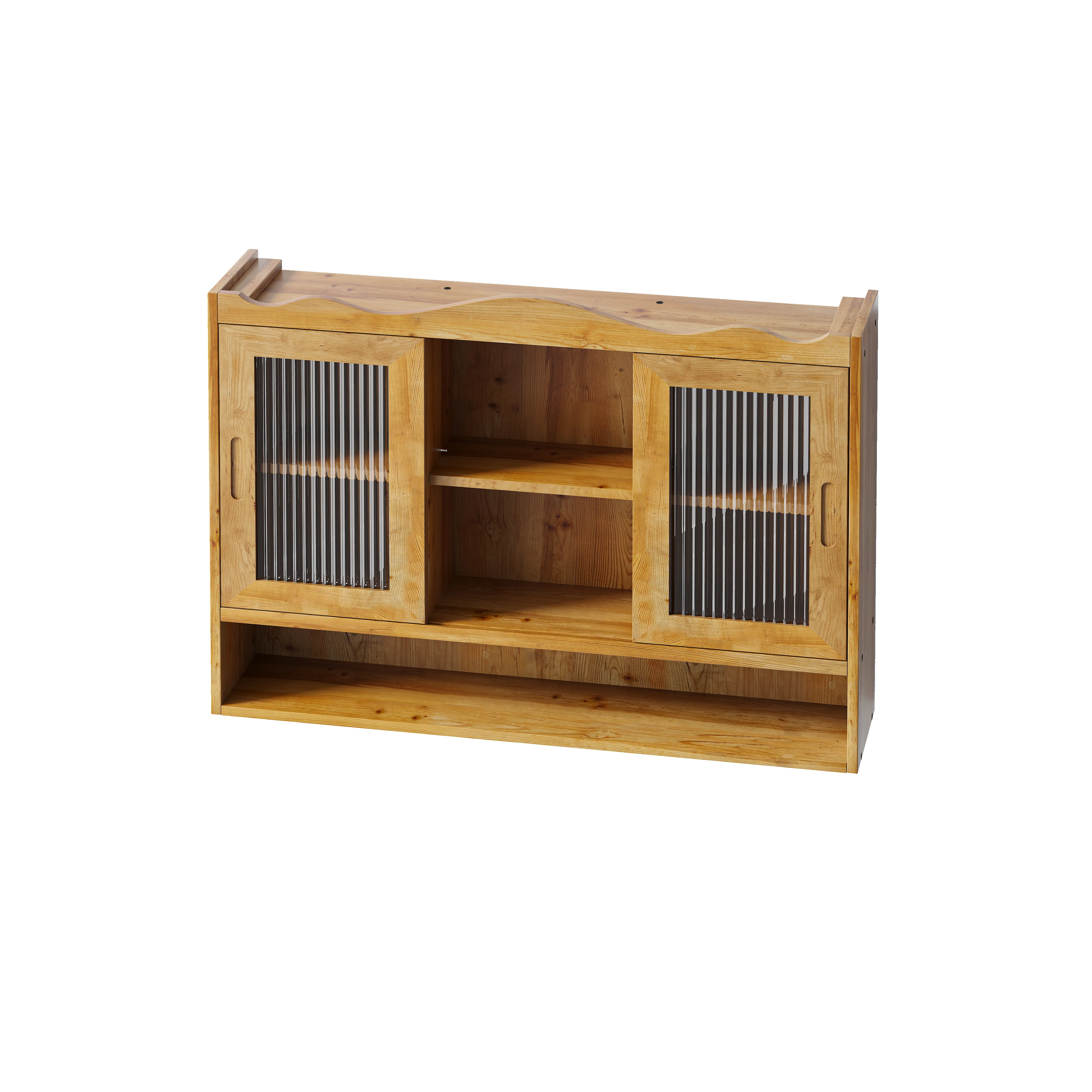 Retro 2 Door Sliding Cabinet 90CM Three Layers Storage Space, Natural Finish - Image 5