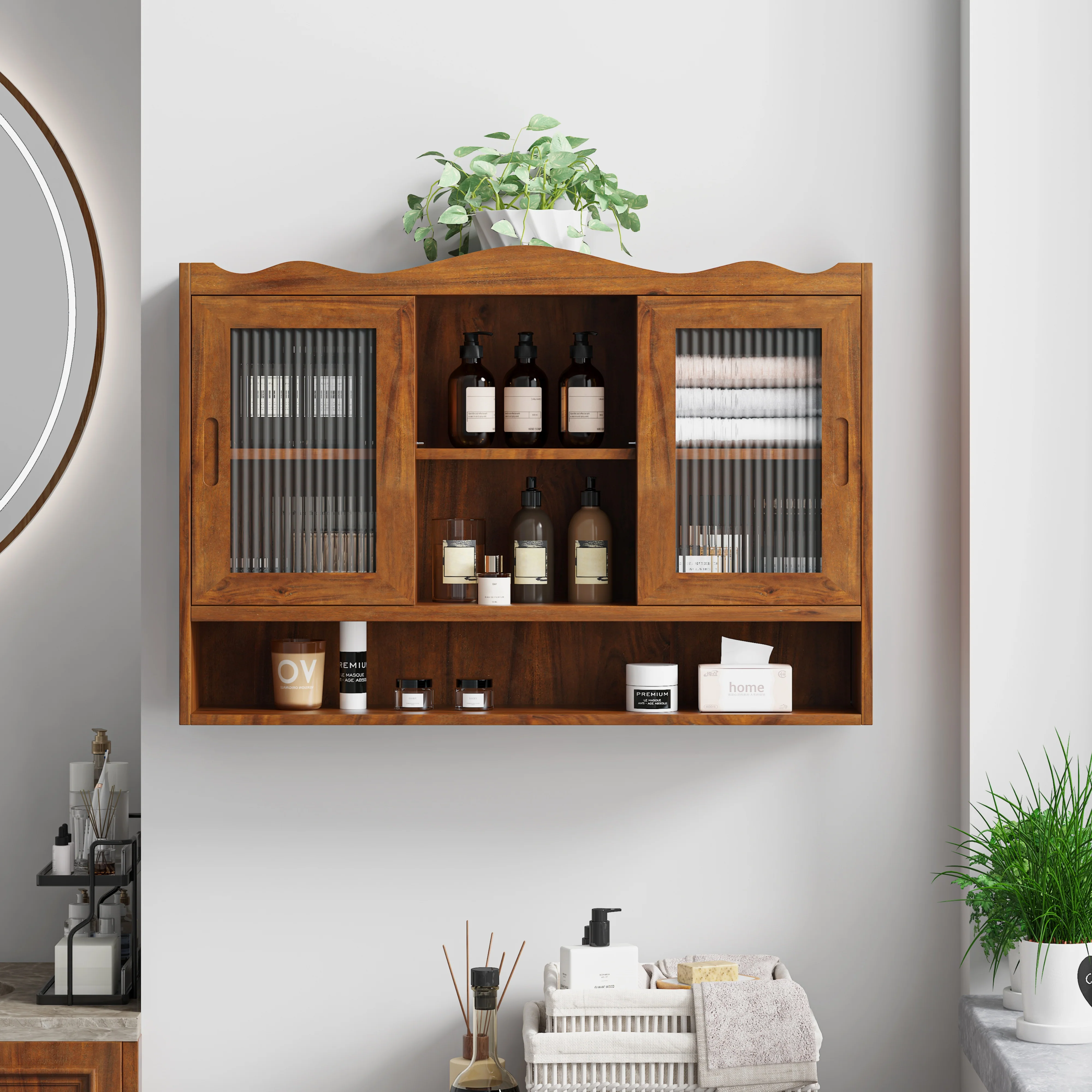 Retro Sliding Cabinet 90CM 2 Door 3-Layer Storage for Bathroom Kitchen Dining, Brown
