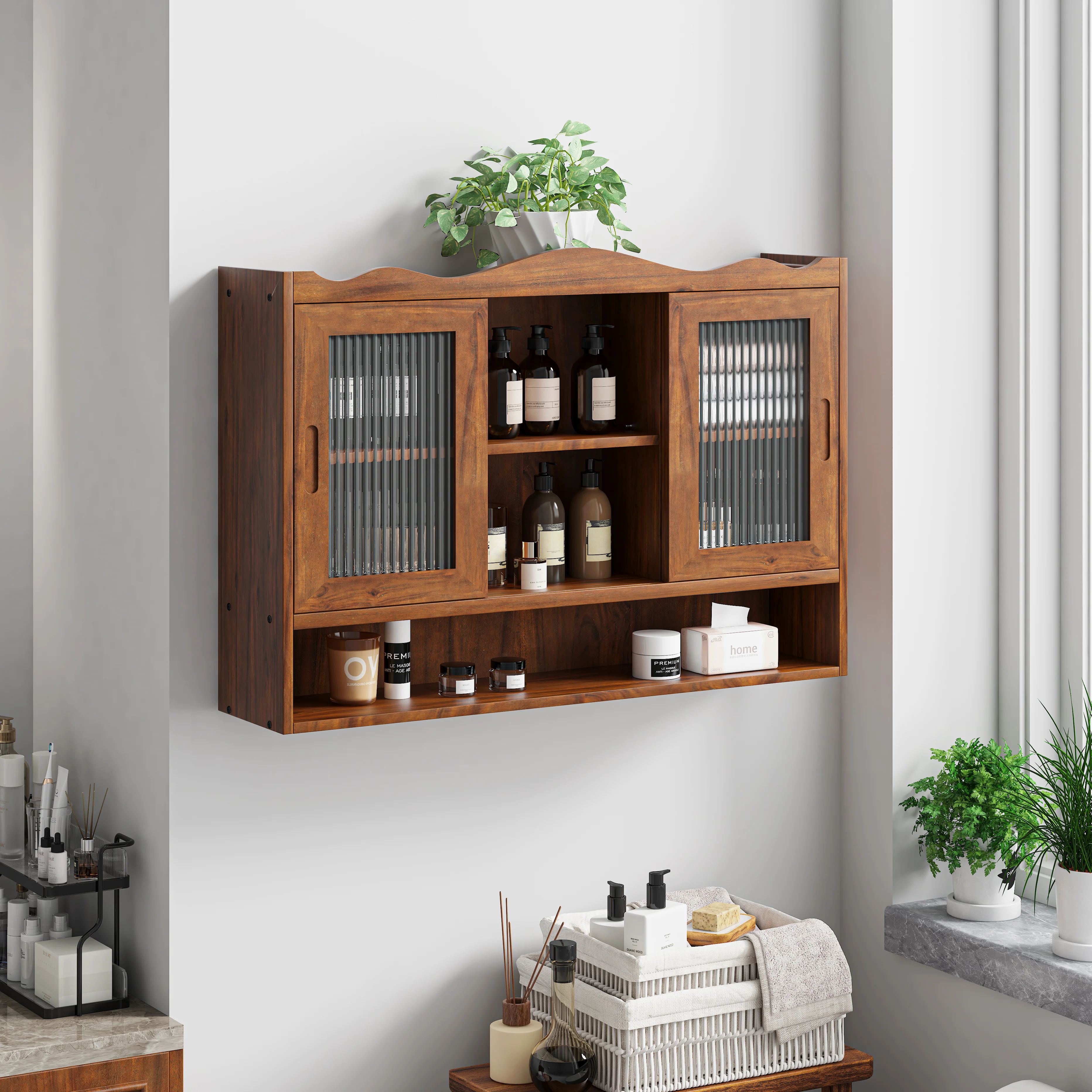 Retro Sliding Cabinet 90CM 2 Door 3-Layer Storage for Bathroom Kitchen Dining, Brown - Image 2