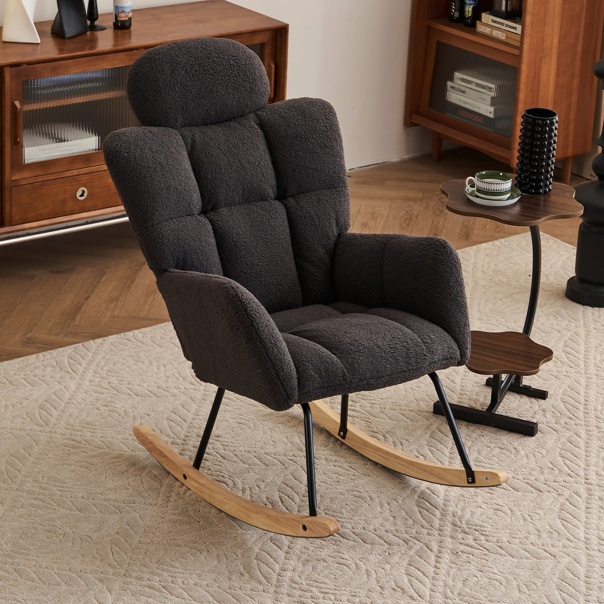 Rocking Chair, Tufted Upholstered Seat, Dark Grey Teddy Fabric - Image 2