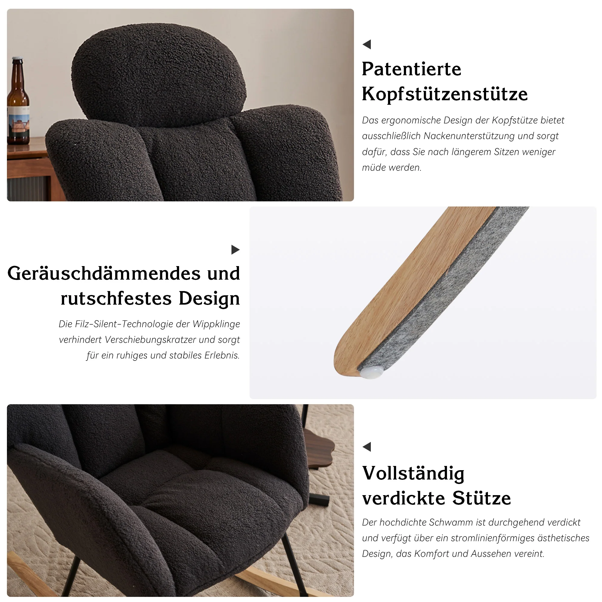 Rocking Chair, Tufted Upholstered Seat, Dark Grey Teddy Fabric - Image 3