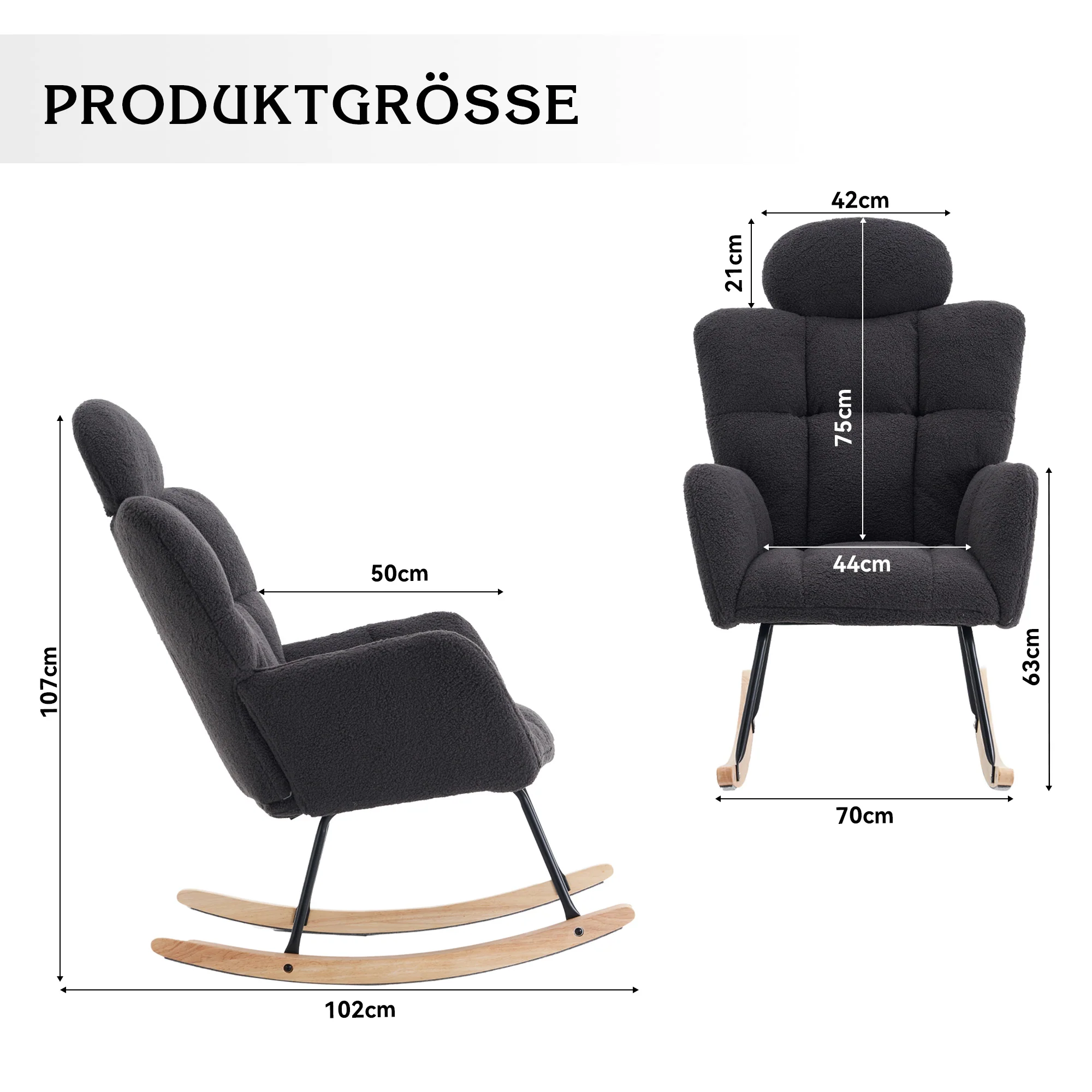 Rocking Chair, Tufted Upholstered Seat, Dark Grey Teddy Fabric - Image 6