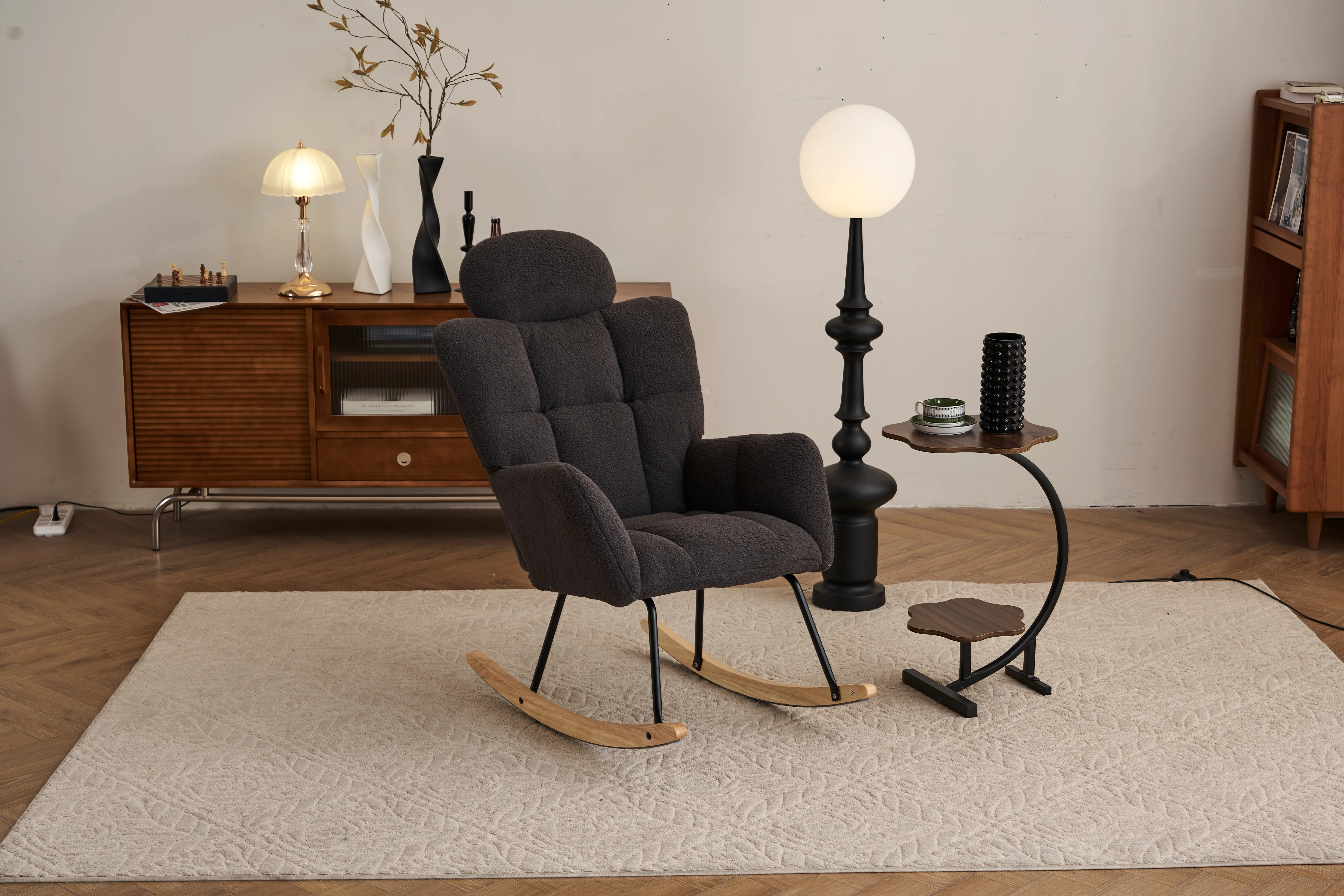 Rocking Chair, Tufted Upholstered Seat, Dark Grey Teddy Fabric - Image 7