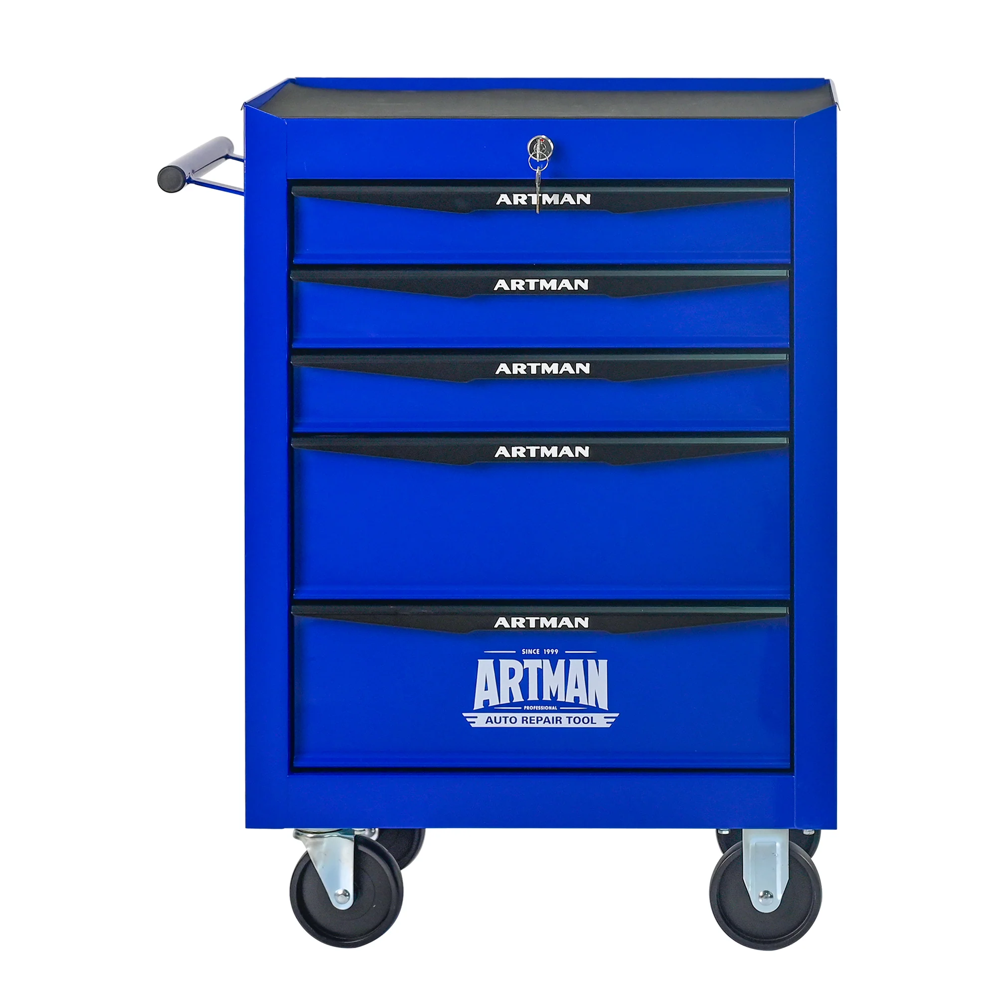 Rolling Metal Tool Box - 5 Drawers Ball Bearing Slides - Black & Blue