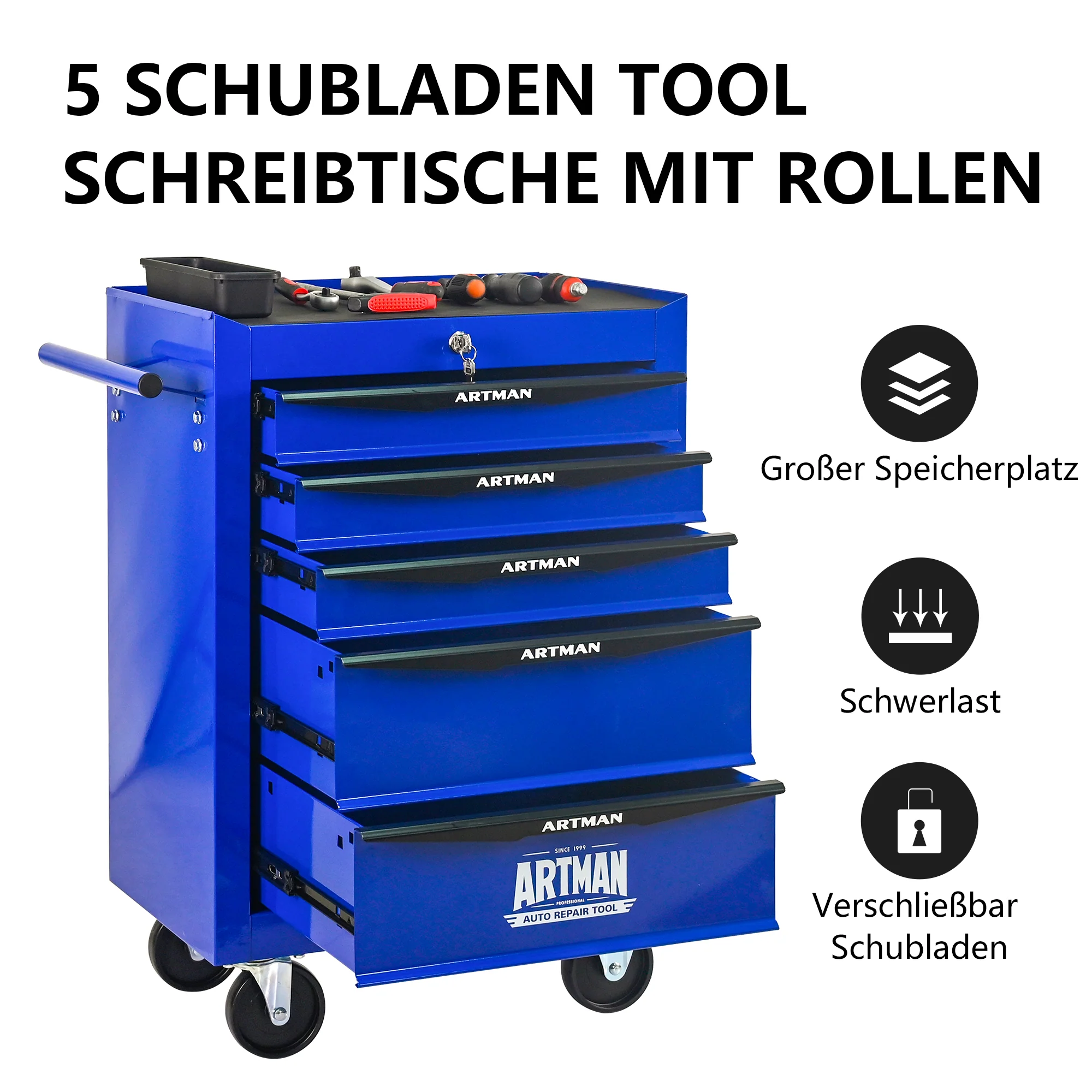 Rolling Metal Tool Box - 5 Drawers Ball Bearing Slides - Black & Blue - Image 2