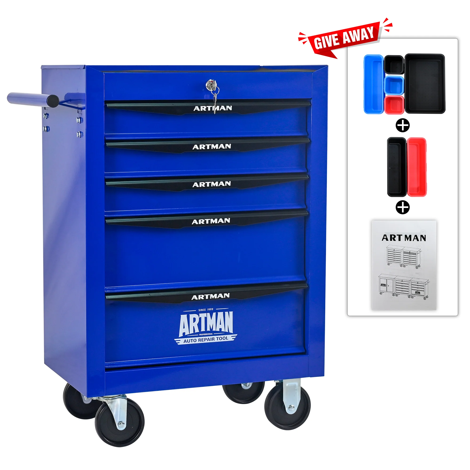 Rolling Metal Tool Box - 5 Drawers Ball Bearing Slides - Black & Blue - Image 3