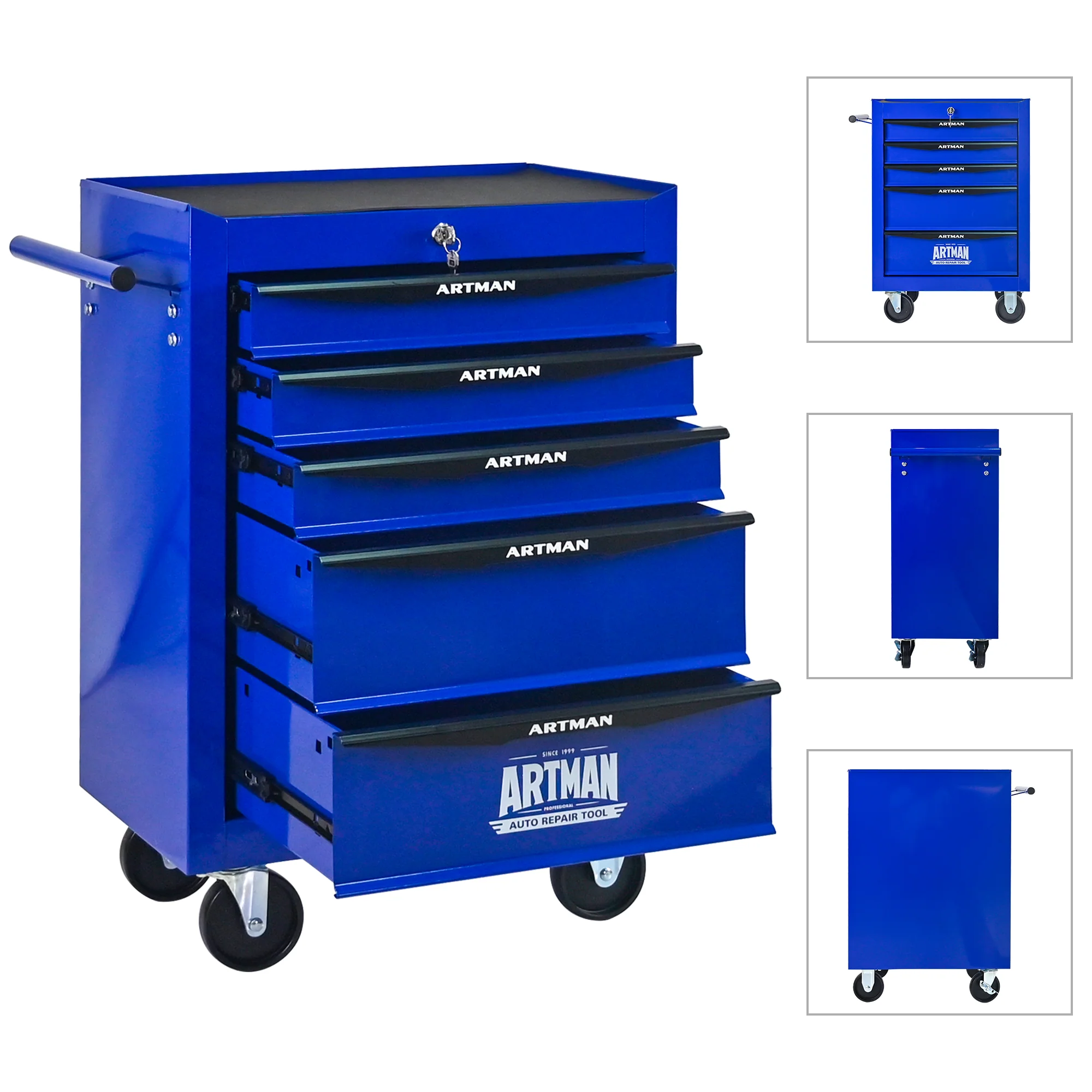 Rolling Metal Tool Box - 5 Drawers Ball Bearing Slides - Black & Blue - Image 4