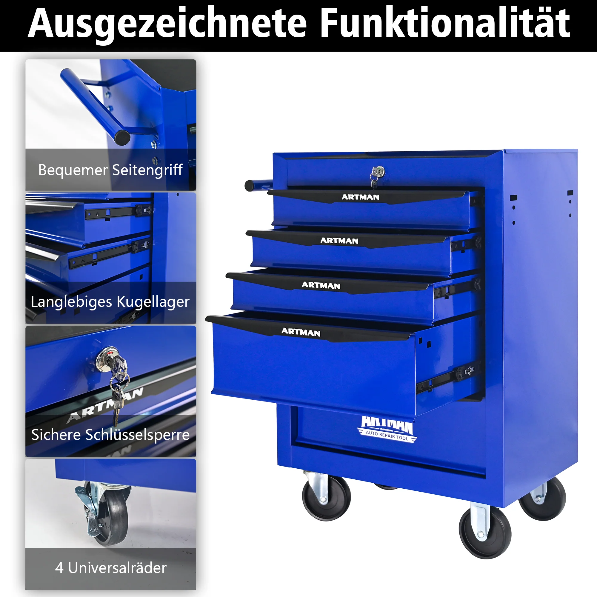 Rolling Metal Tool Box - 5 Drawers Ball Bearing Slides - Black & Blue - Image 5