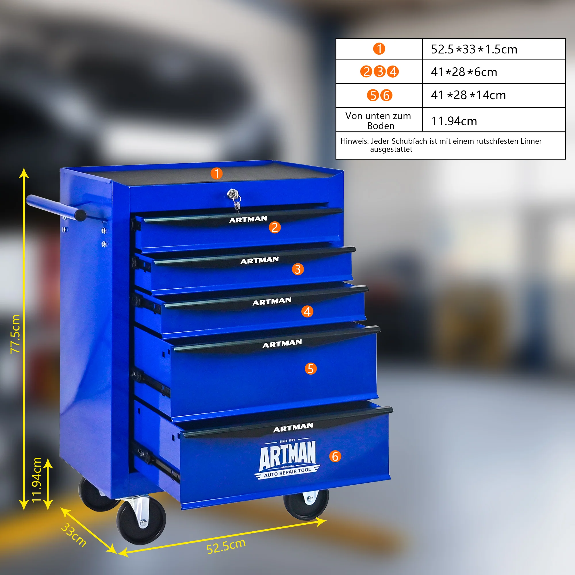 Rolling Metal Tool Box - 5 Drawers Ball Bearing Slides - Black & Blue - Image 6