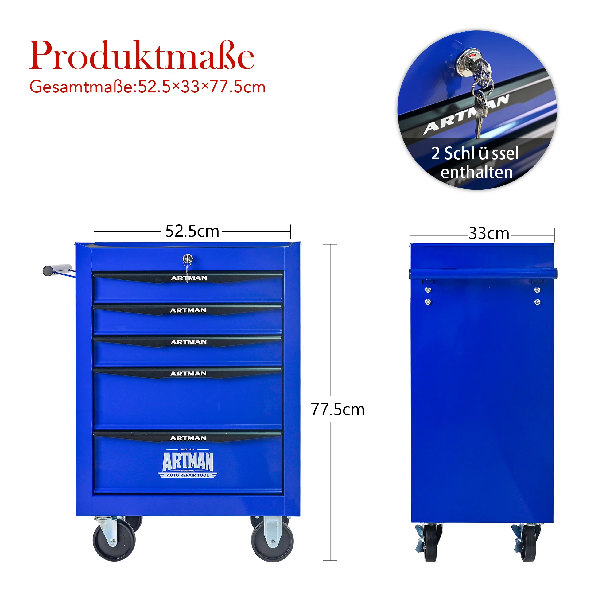 Rolling Metal Tool Box - 5 Drawers Ball Bearing Slides - Black & Blue - Image 7