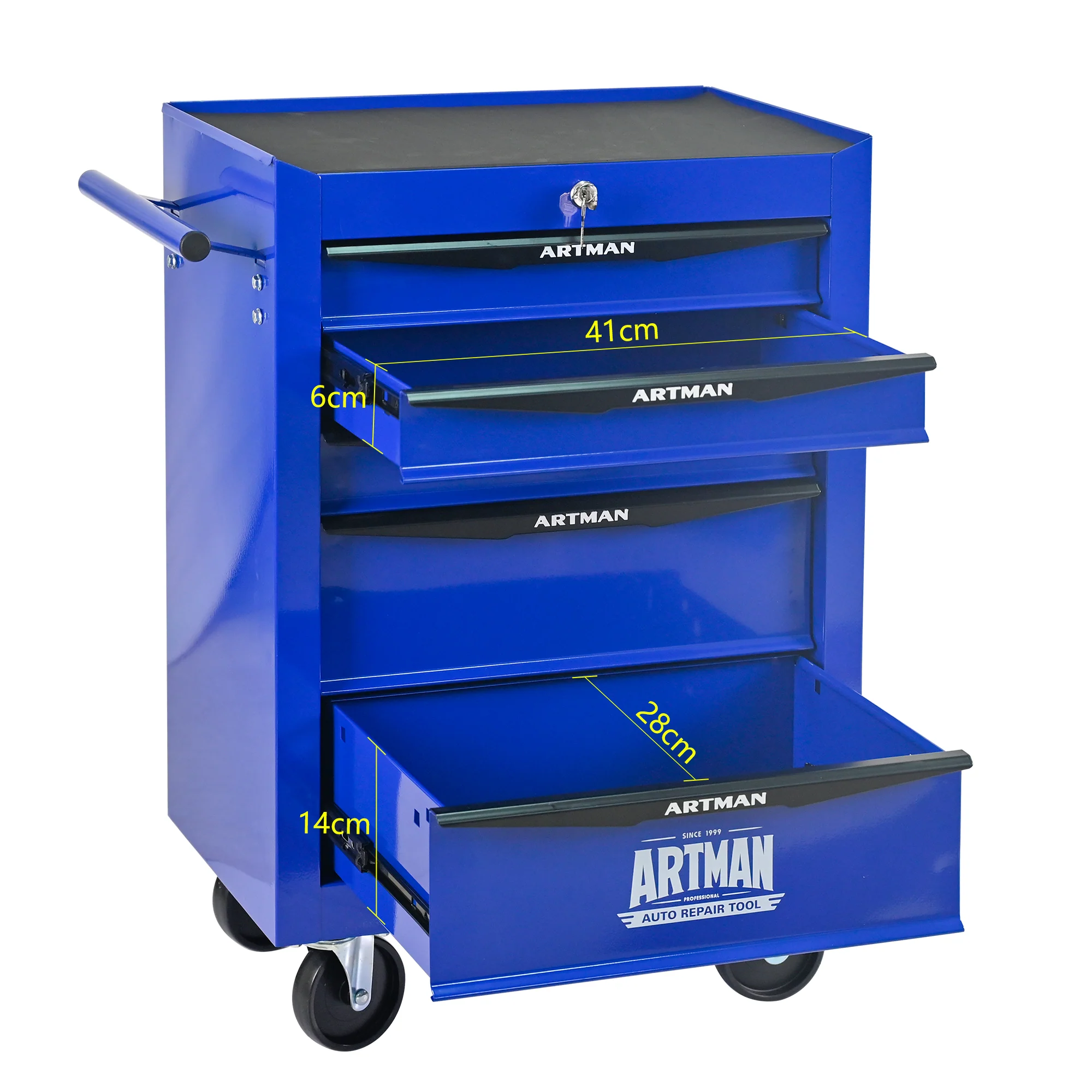 Rolling Metal Tool Box - 5 Drawers Ball Bearing Slides - Black & Blue - Image 8