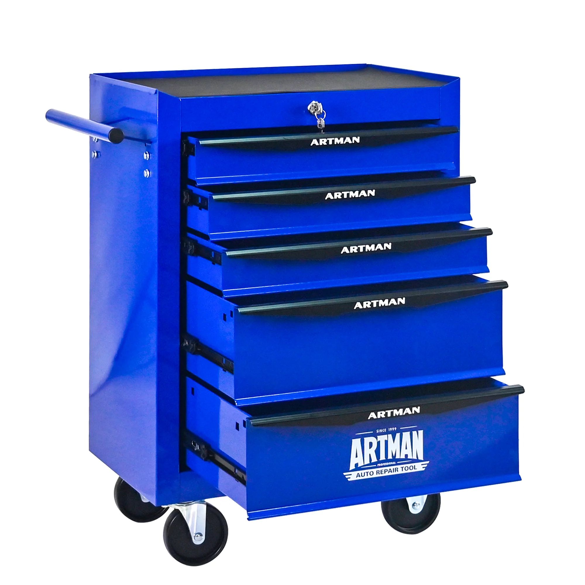 Rolling Metal Tool Box - 5 Drawers Ball Bearing Slides - Black & Blue - Image 9