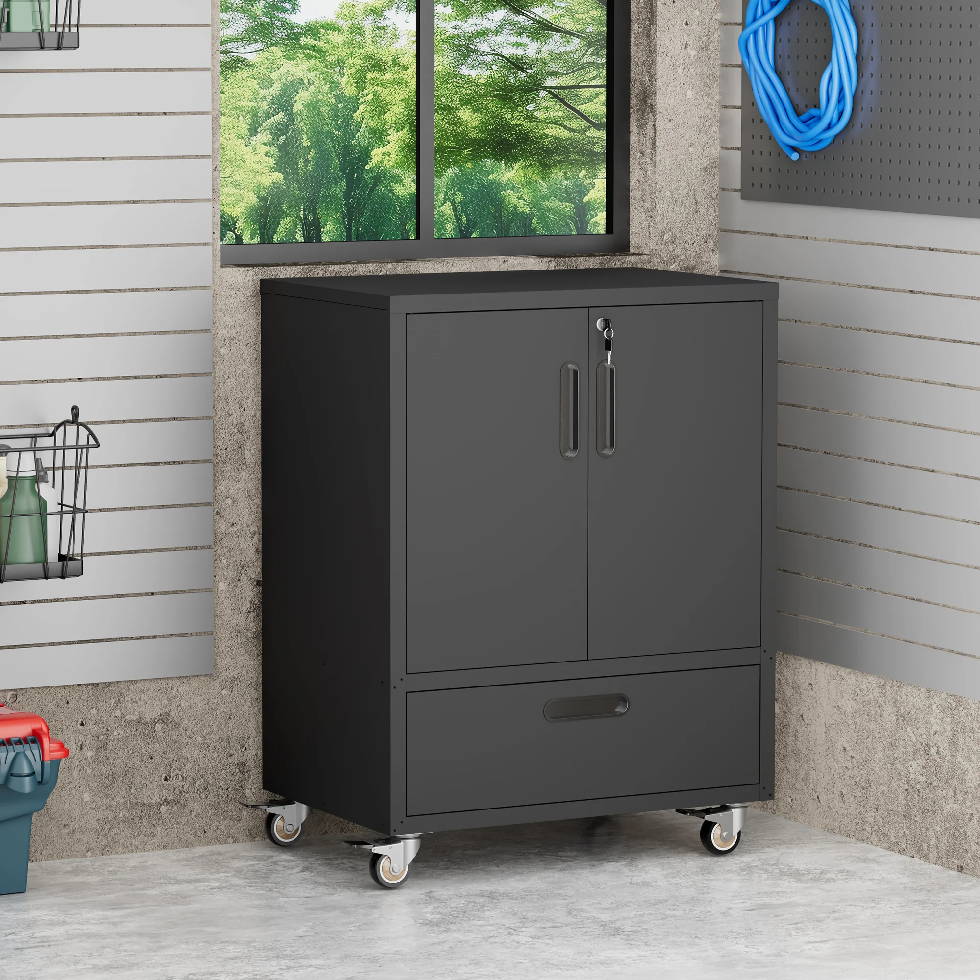 Rolling Metal Tool Cabinet Heavy-Duty Storage H101.5xW76xD51cm - Black/Grey - Image 2