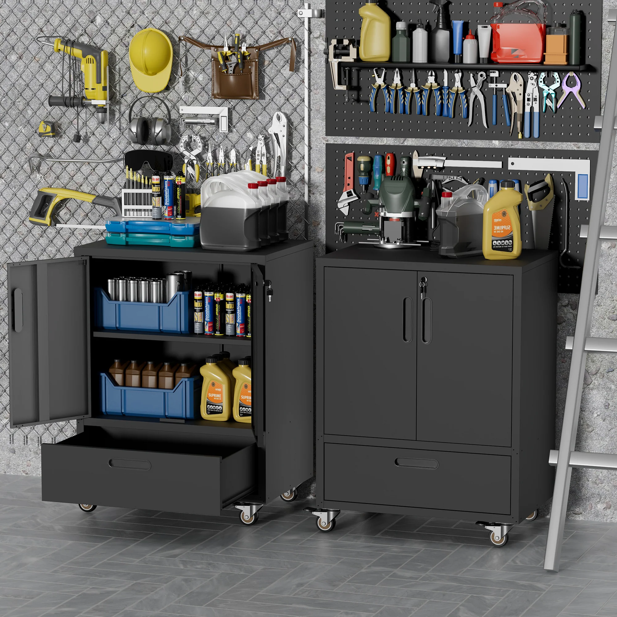 Rolling Metal Tool Cabinet Heavy-Duty Storage H101.5xW76xD51cm - Black/Grey - Image 3
