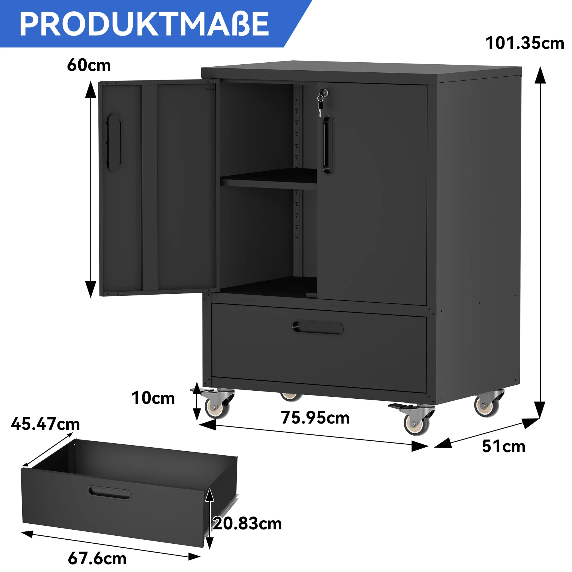 Rolling Metal Tool Cabinet Heavy-Duty Storage H101.5xW76xD51cm - Black/Grey - Image 5