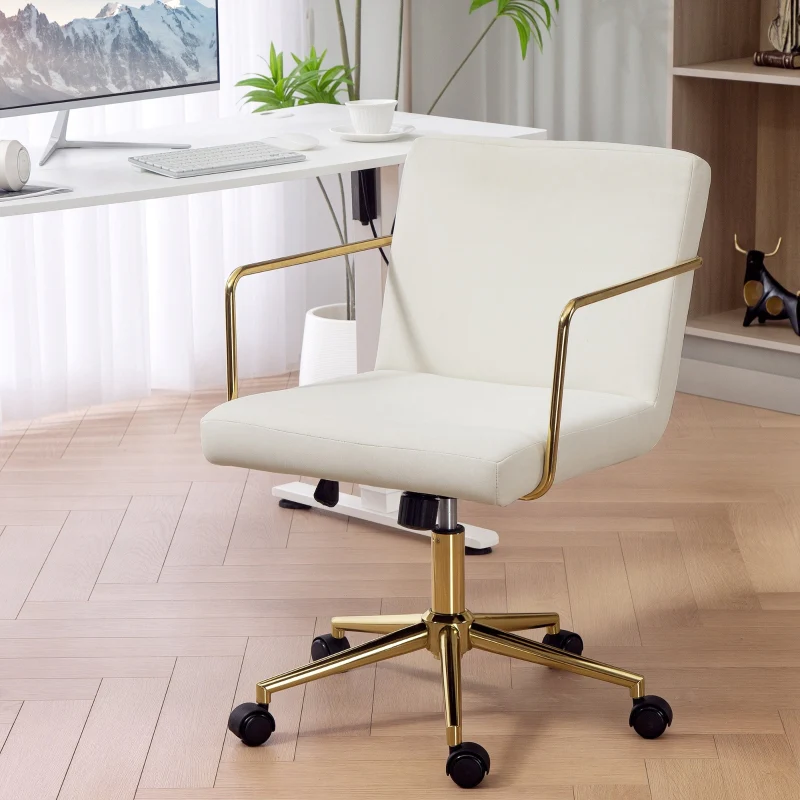 Rolling Office Chair Gold Accents Velvet Look Metal Base - Cream White - Image 2