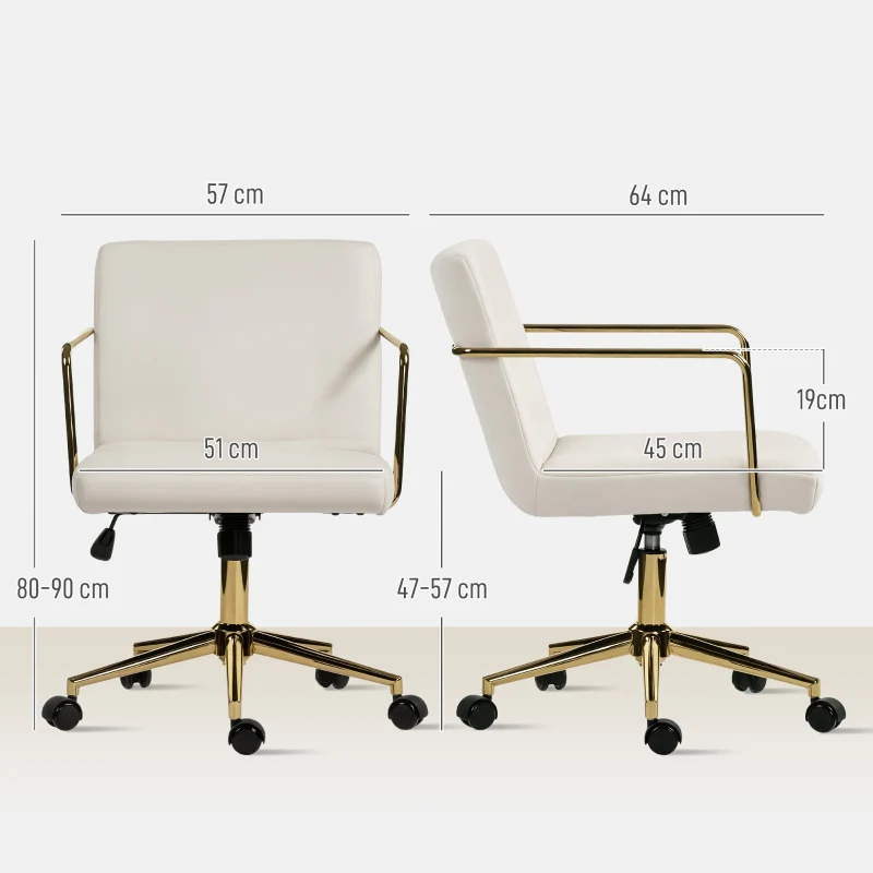 Rolling Office Chair Gold Accents Velvet Look Metal Base - Cream White - Image 3