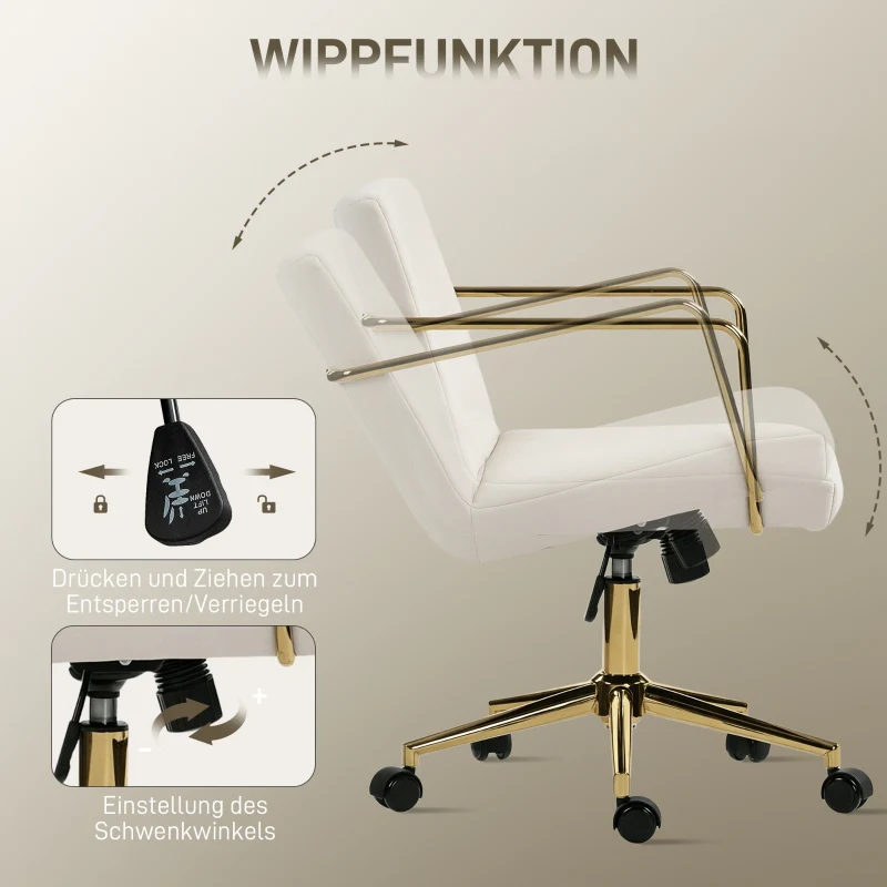 Rolling Office Chair Gold Accents Velvet Look Metal Base - Cream White - Image 5