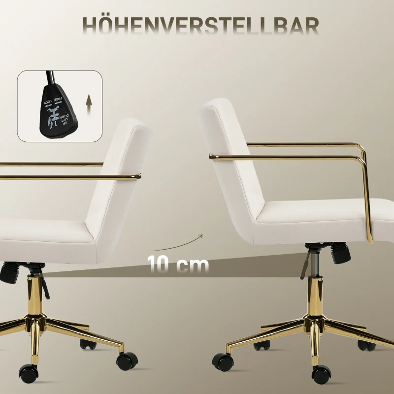 Rolling Office Chair Gold Accents Velvet Look Metal Base - Cream White - Image 6