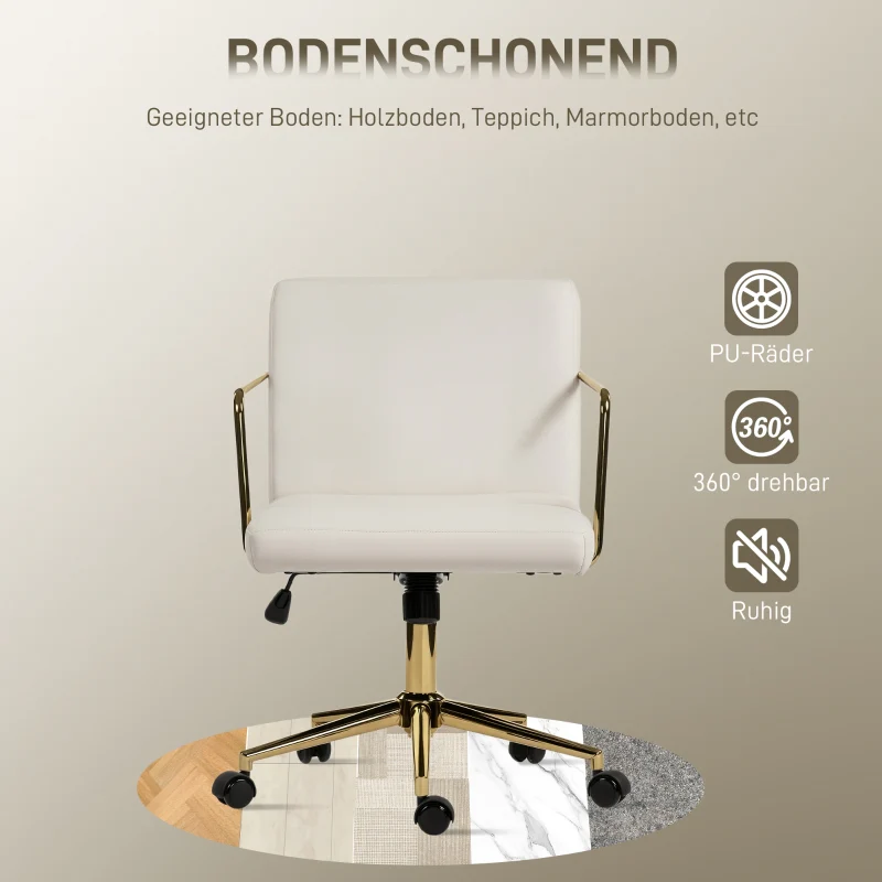 Rolling Office Chair Gold Accents Velvet Look Metal Base - Cream White - Image 7