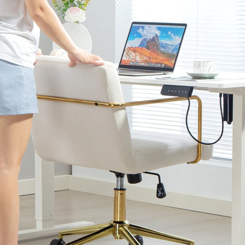 Rolling Office Chair Gold Accents Velvet Look Metal Base - Cream White - Image 8