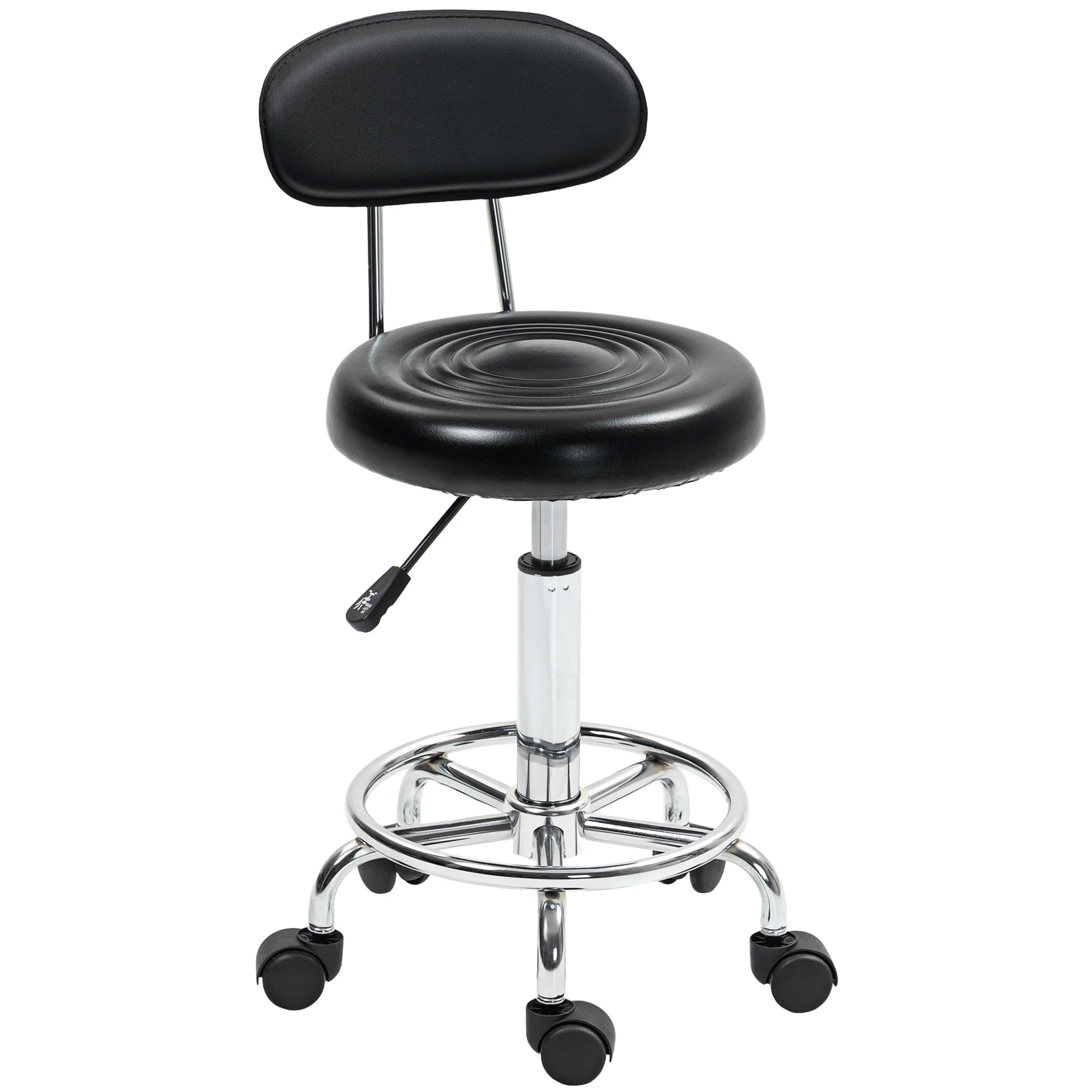 Rolling Stool, Height-Adjustable Swivel with Backrest & Wheels, Faux Leather Black