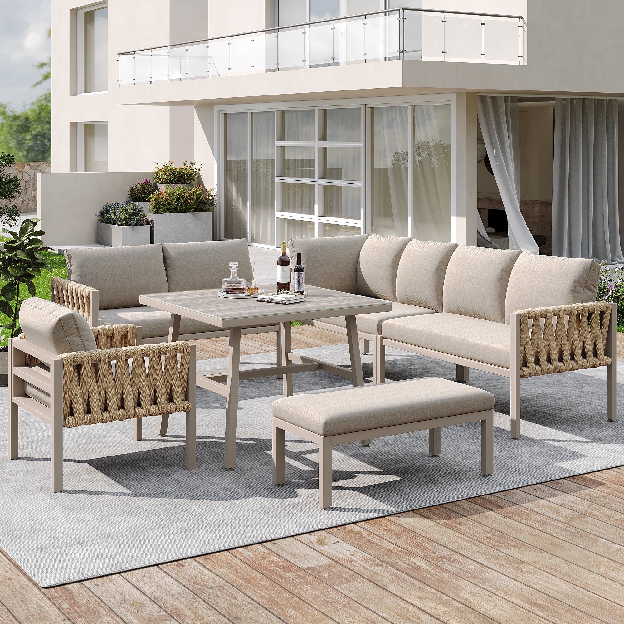 Rope Garden Furniture Set Corner Sofa Adjustable Legs Tempered Glass Beige - Image 3