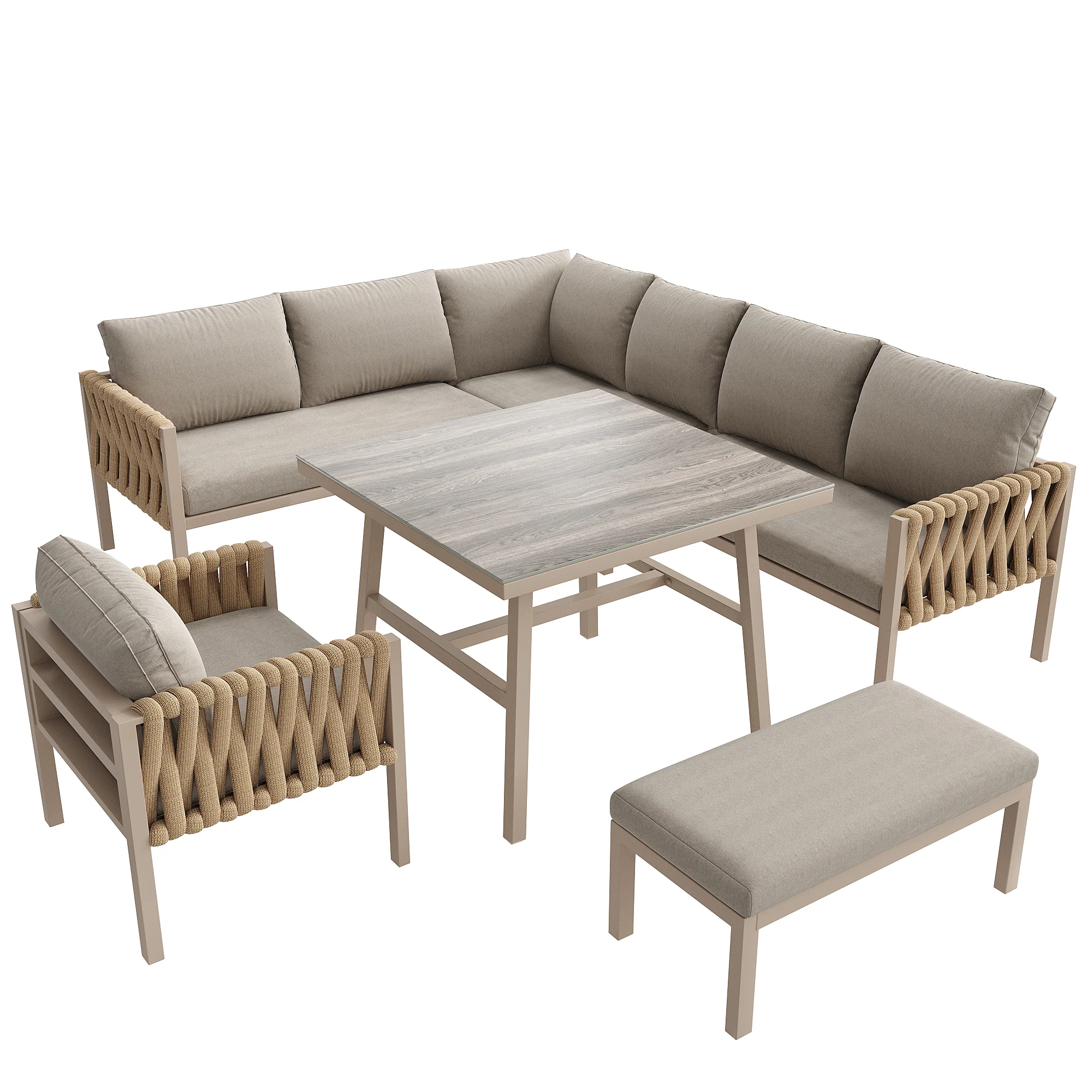 Rope Garden Furniture Set Corner Sofa Adjustable Legs Tempered Glass Beige - Image 6