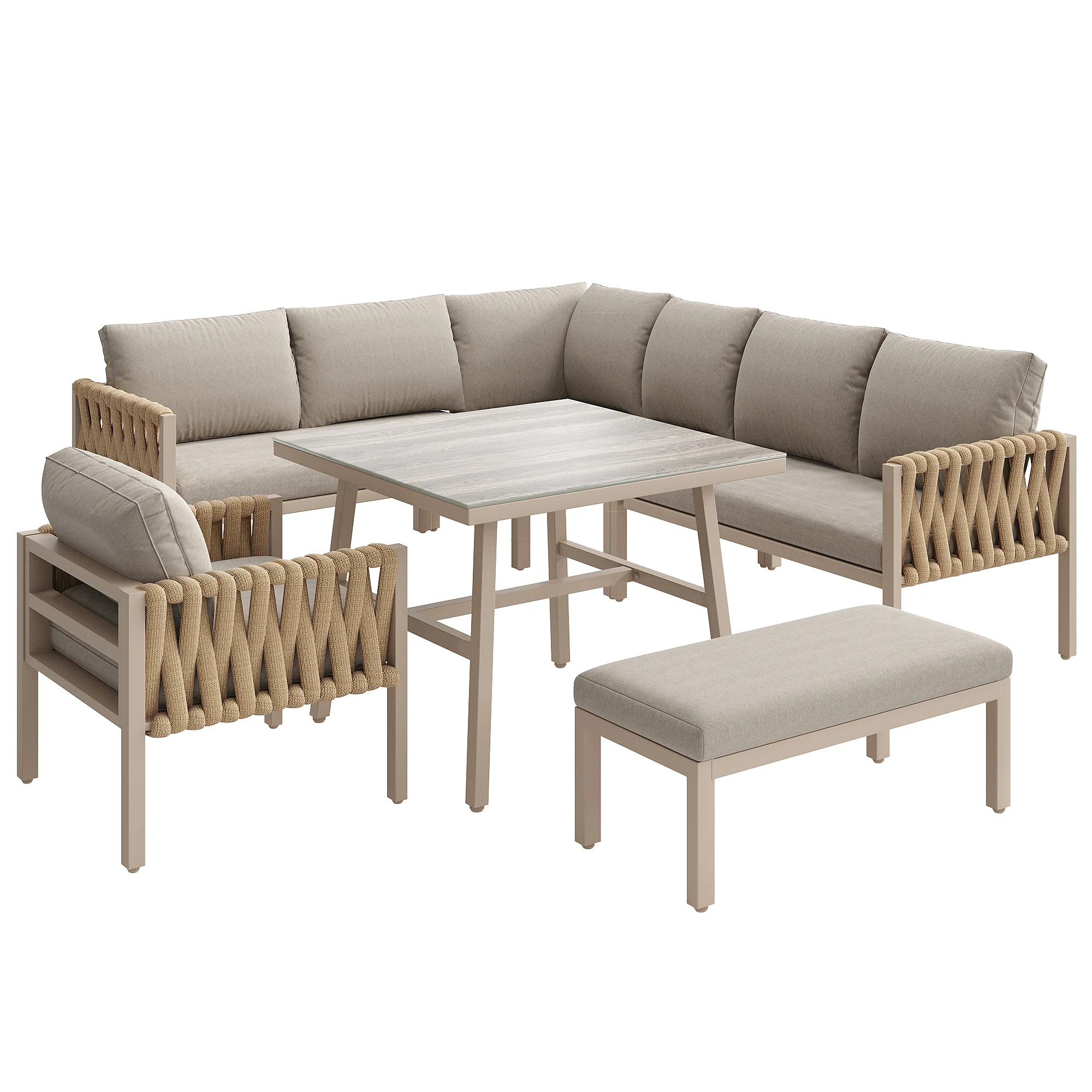 Rope Garden Furniture Set Corner Sofa Adjustable Legs Tempered Glass Beige - Image 7
