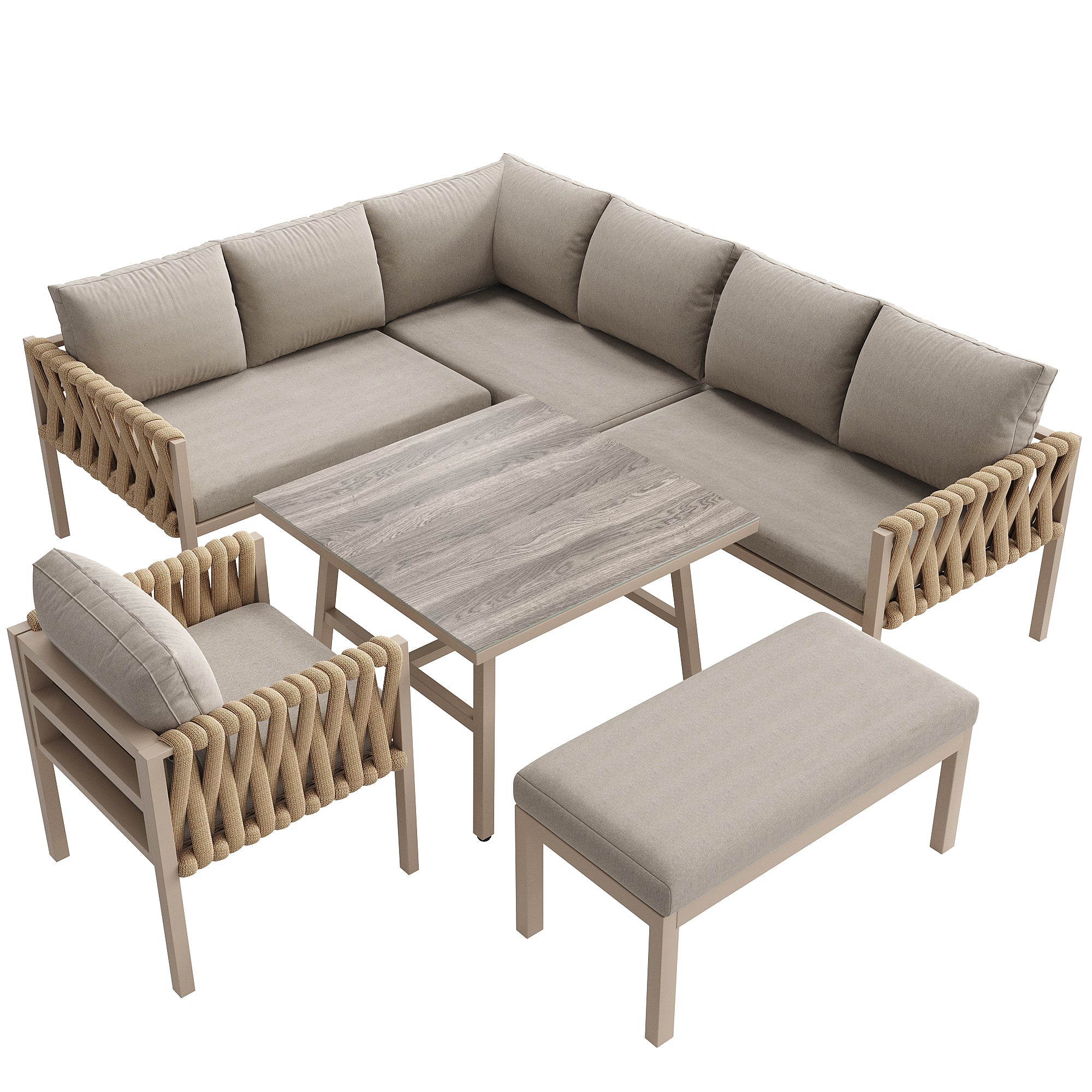 Rope Garden Furniture Set Corner Sofa Adjustable Legs Tempered Glass Beige - Image 9