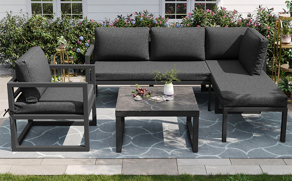 Rope Garden Lounge Set Corner Sofa Adjustable Legs - Grey - Image 4