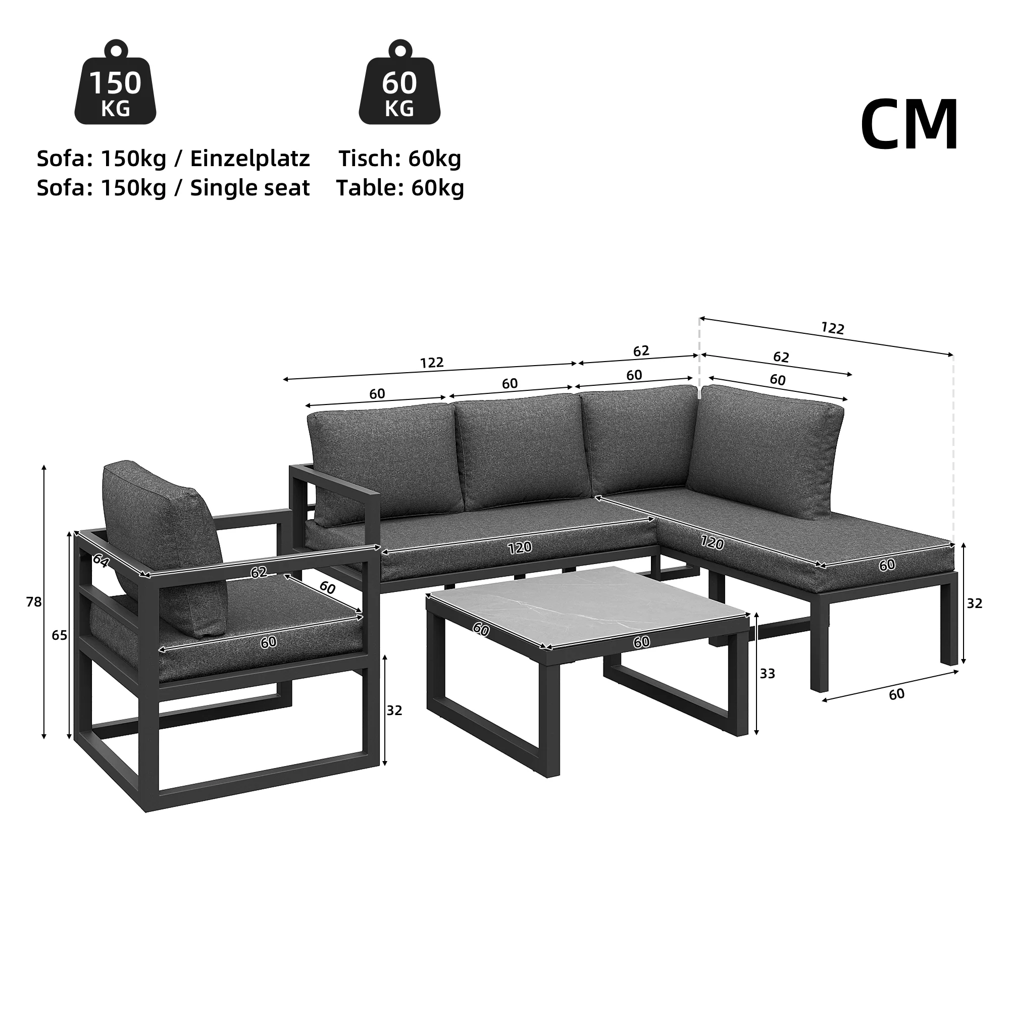 Rope Garden Lounge Set Corner Sofa Adjustable Legs - Grey - Image 5