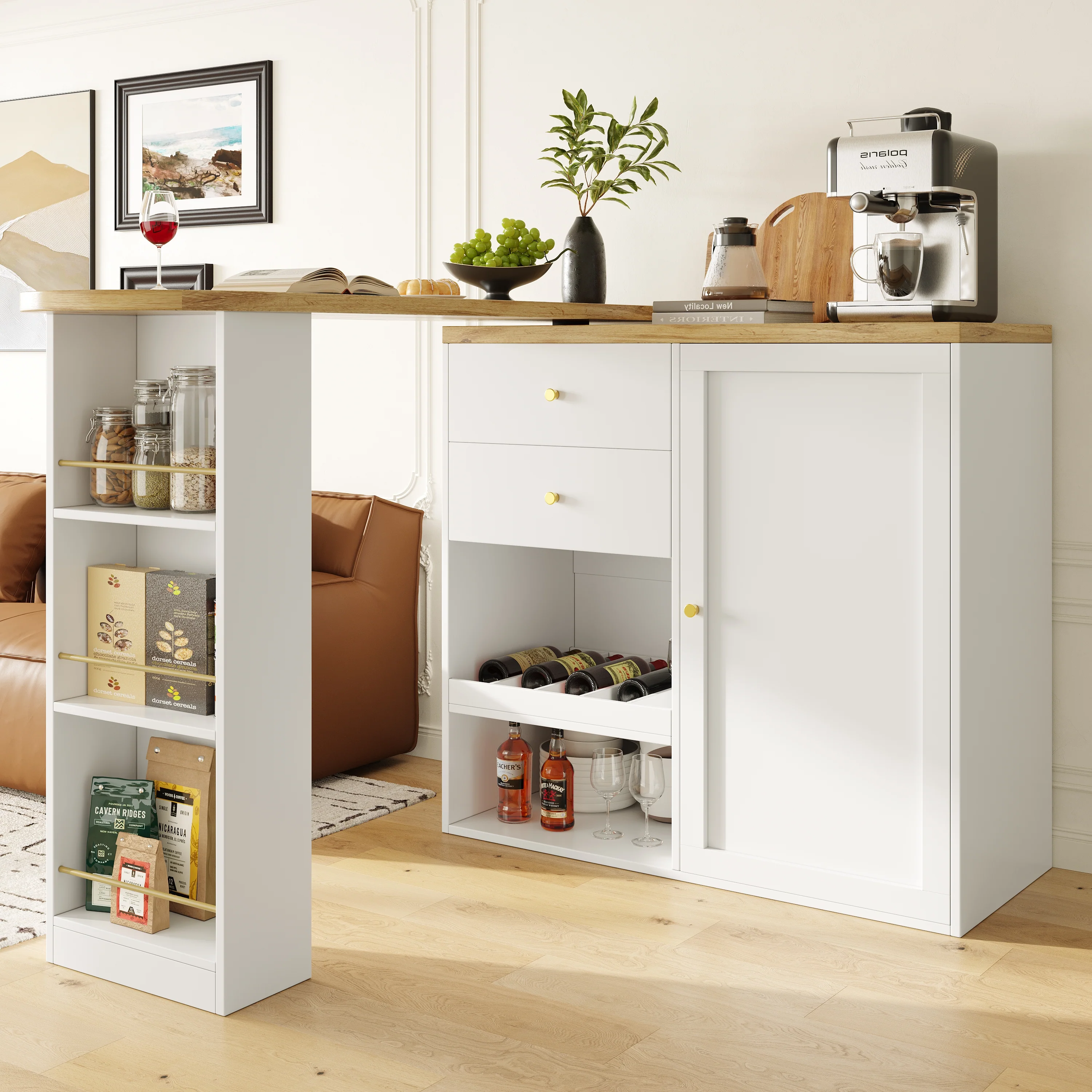 Rotating Bar Table 2 Drawers Sliding Cabinet Open Storage - Image 5