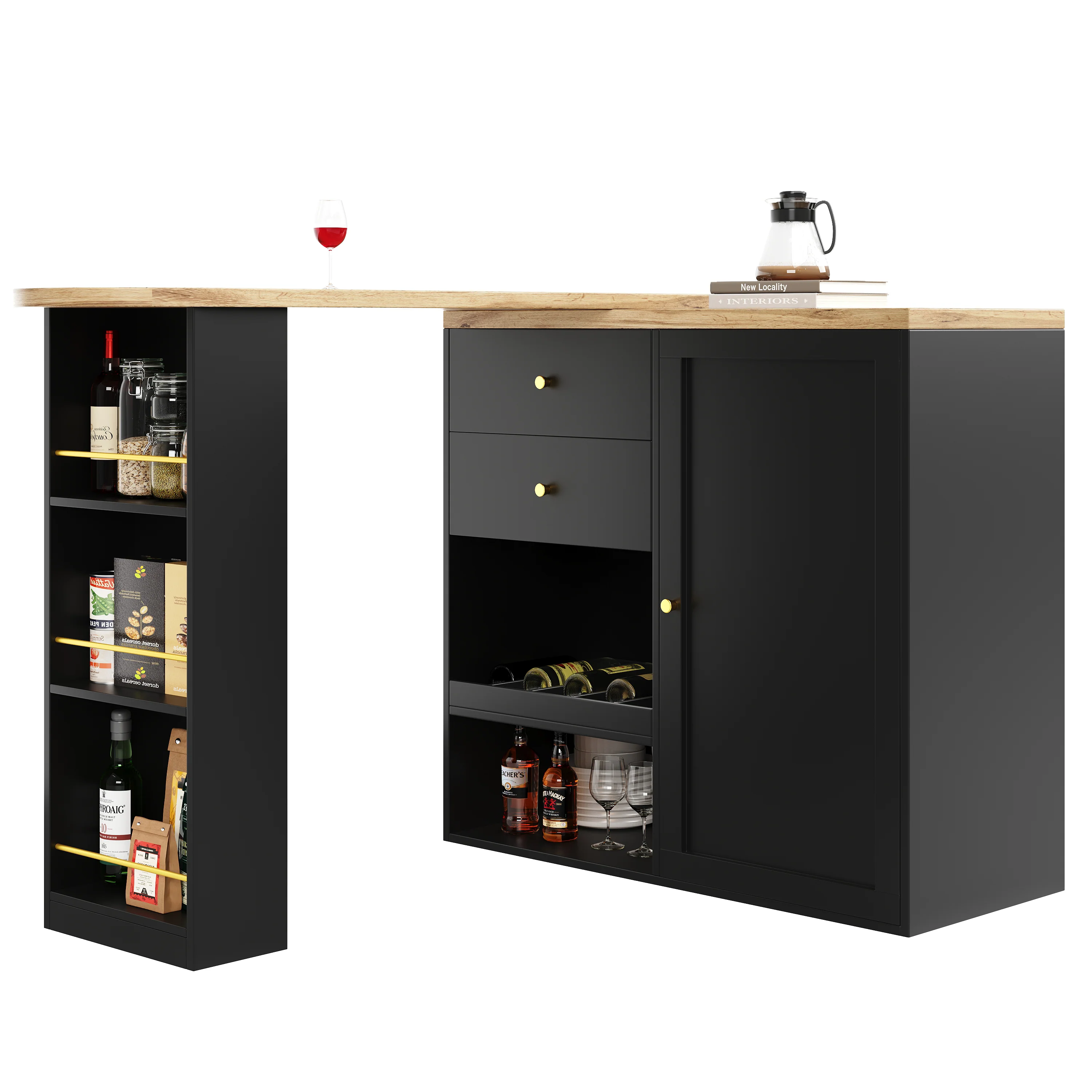 Rotating Bar Table Multifunctional Storage with 2 Drawers and Sliding Door Cabinet - Image 10