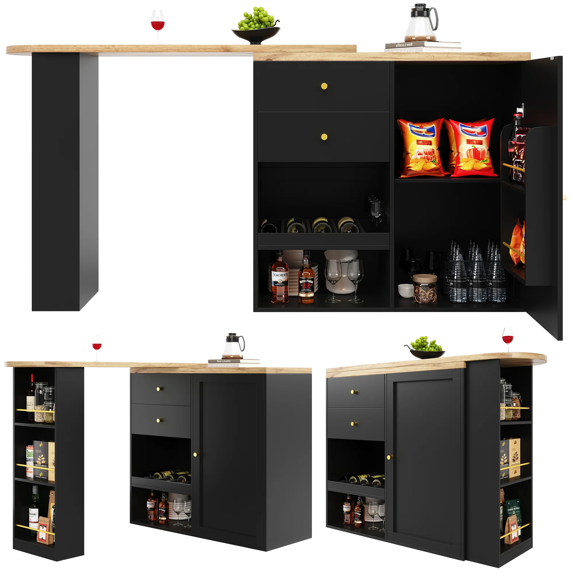 Rotating Bar Table Multifunctional Storage with 2 Drawers and Sliding Door Cabinet - Image 2