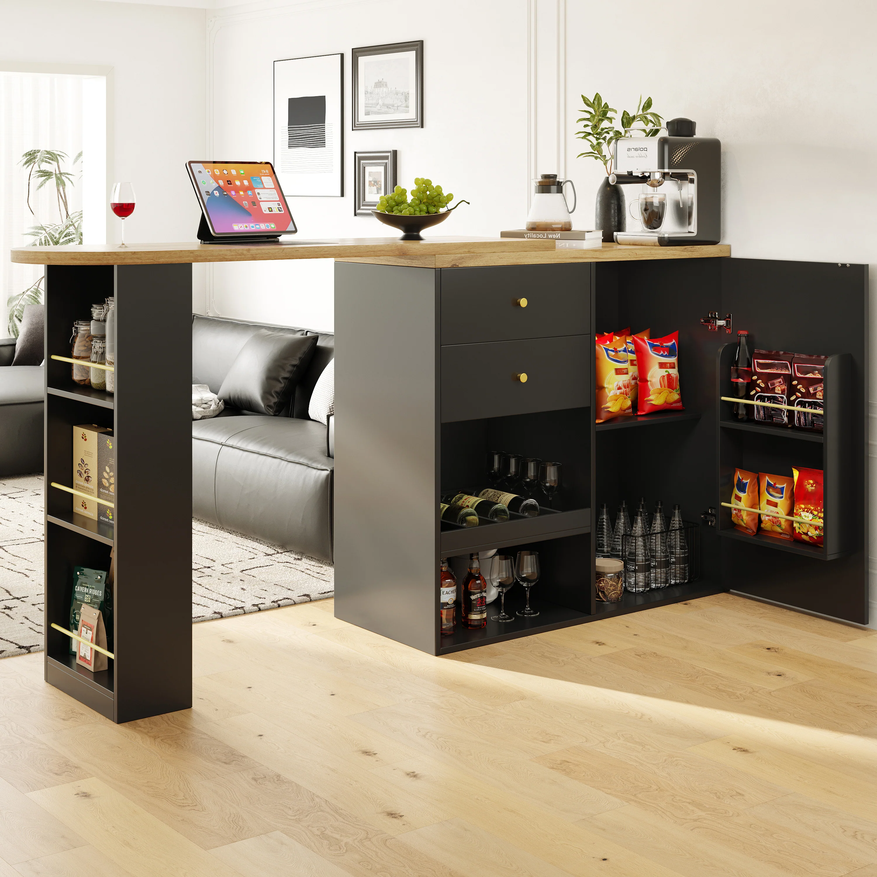 Rotating Bar Table Multifunctional Storage with 2 Drawers and Sliding Door Cabinet - Image 3