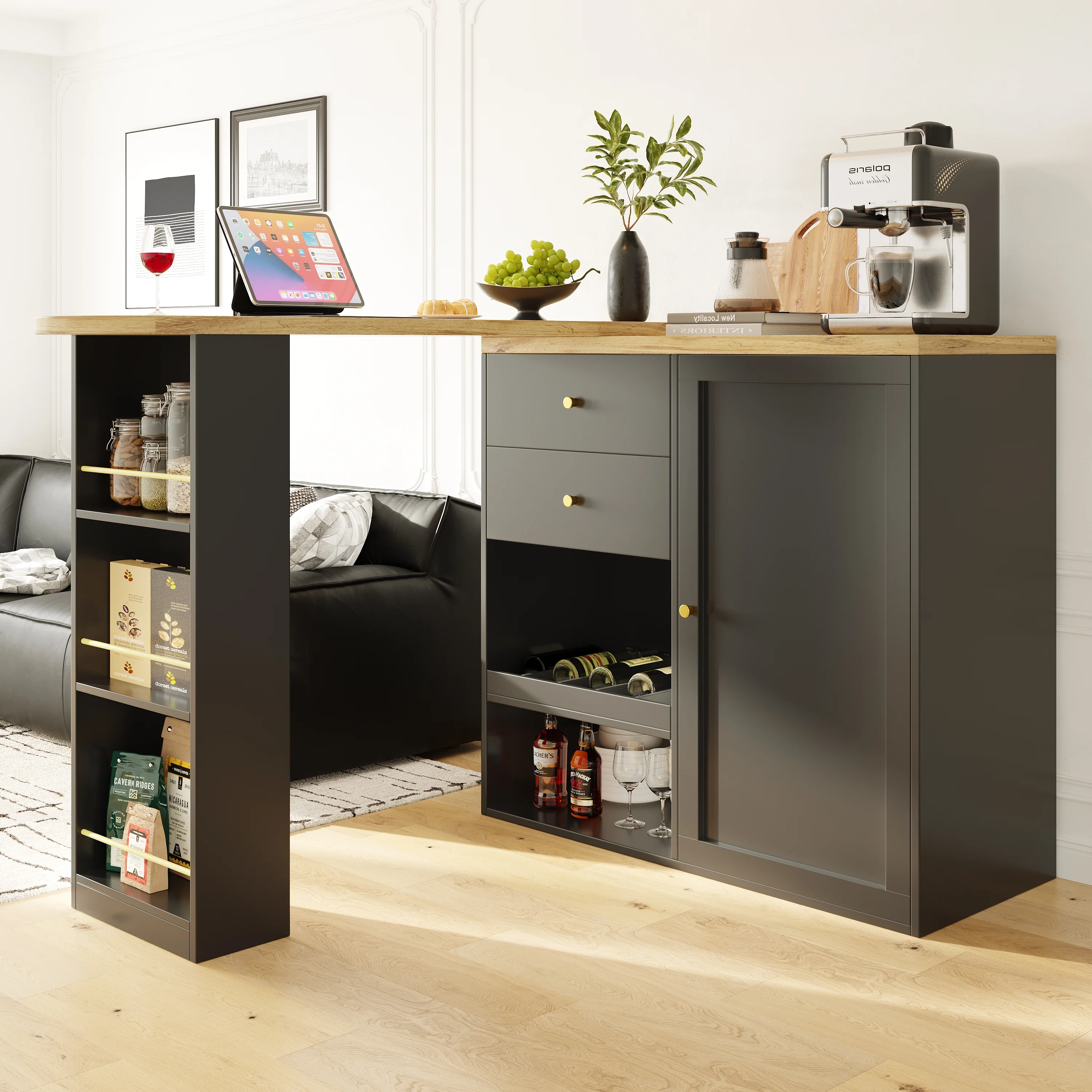 Rotating Bar Table Multifunctional Storage with 2 Drawers and Sliding Door Cabinet - Image 4