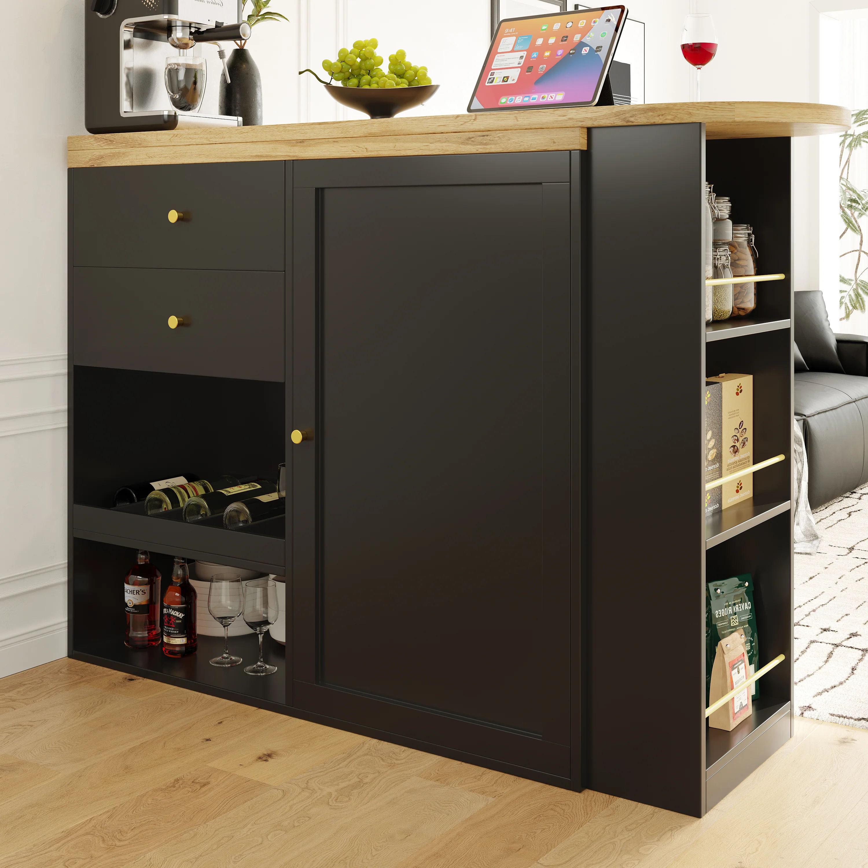 Rotating Bar Table Multifunctional Storage with 2 Drawers and Sliding Door Cabinet - Image 5