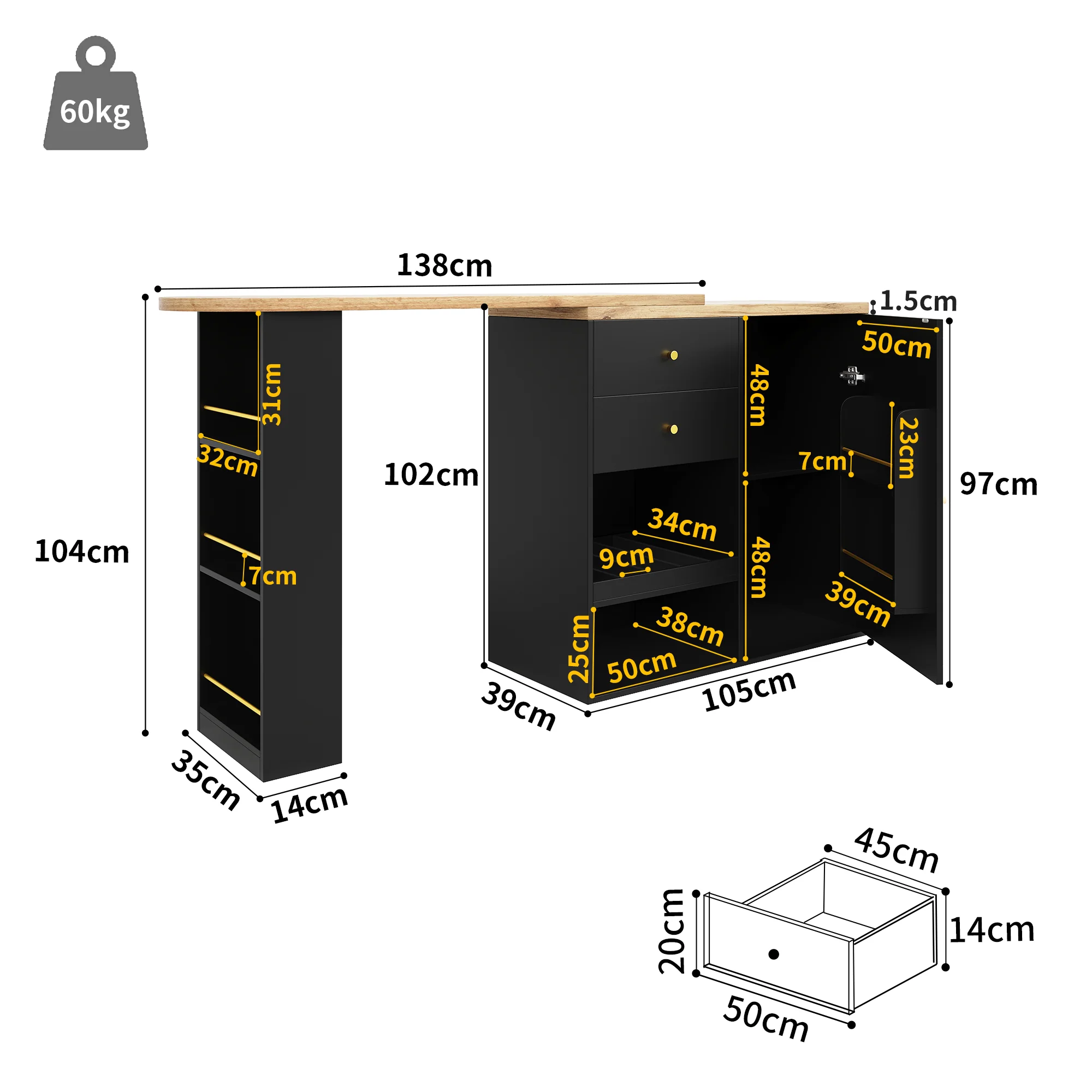 Rotating Bar Table Multifunctional Storage with 2 Drawers and Sliding Door Cabinet - Image 8