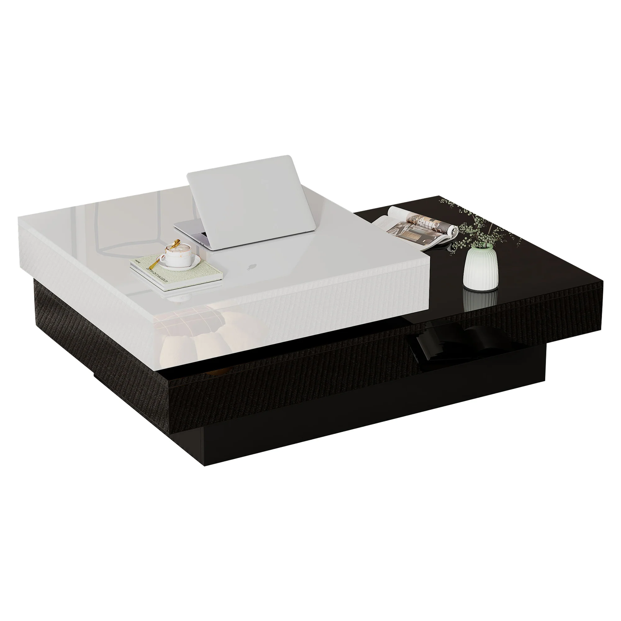 Rotating Coffee Table, Double-Layer with High Gloss Surface, Black and White - Image 4