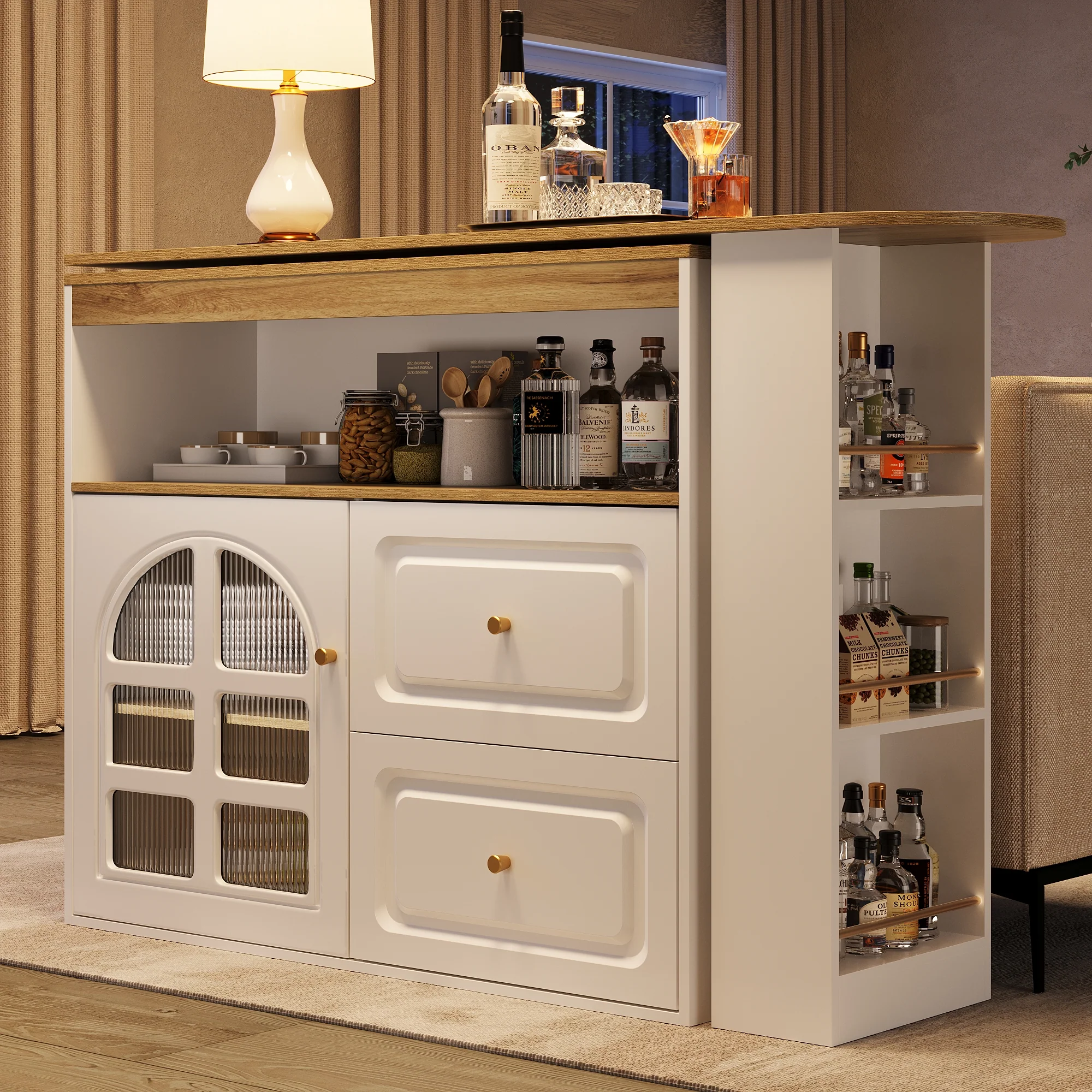 Rotating Dining Bar Sideboard 360° Swivel with 2 Drawers Snack Shelf Curved Glass White - Image 2
