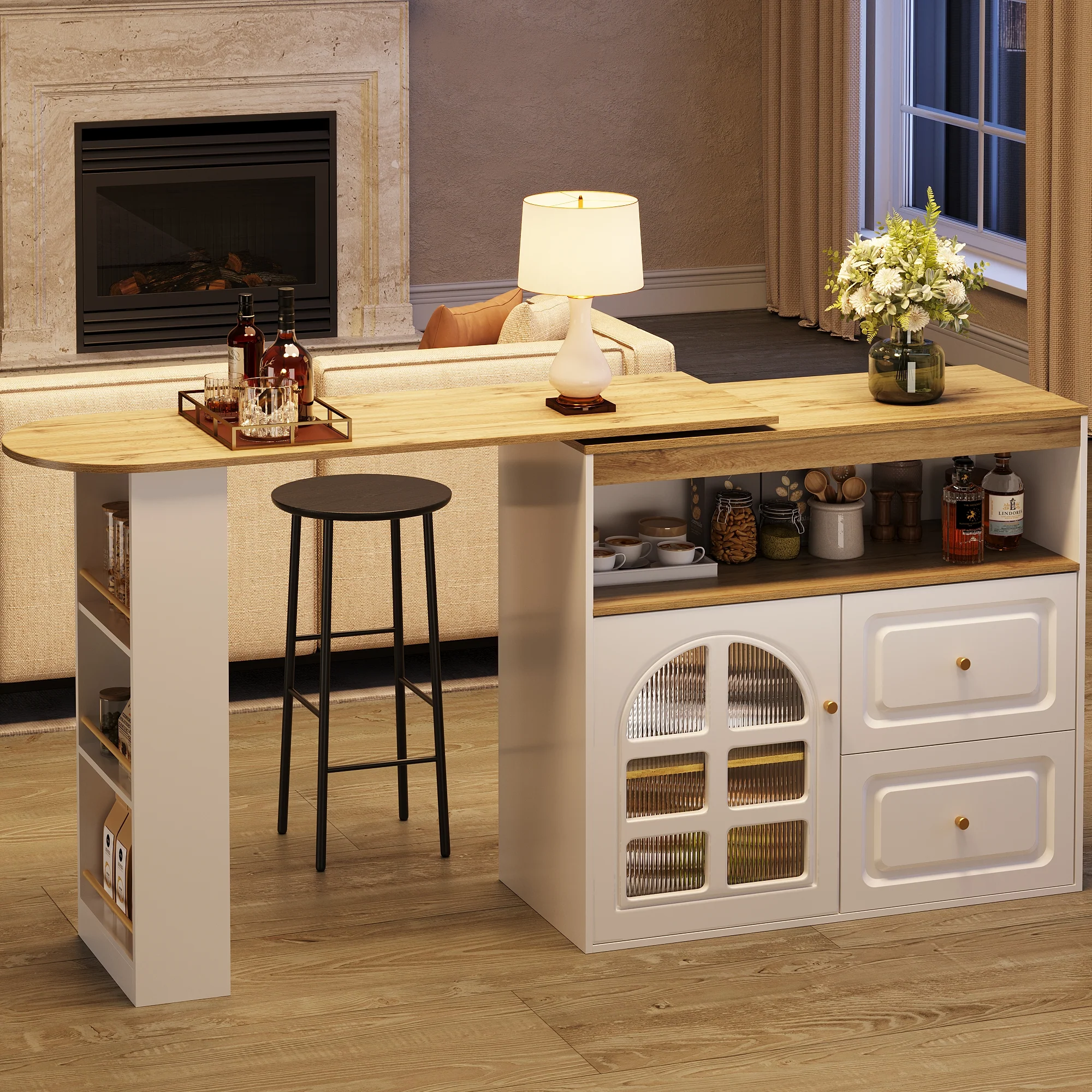 Rotating Dining Bar Sideboard 360° Swivel with 2 Drawers Snack Shelf Curved Glass White - Image 4