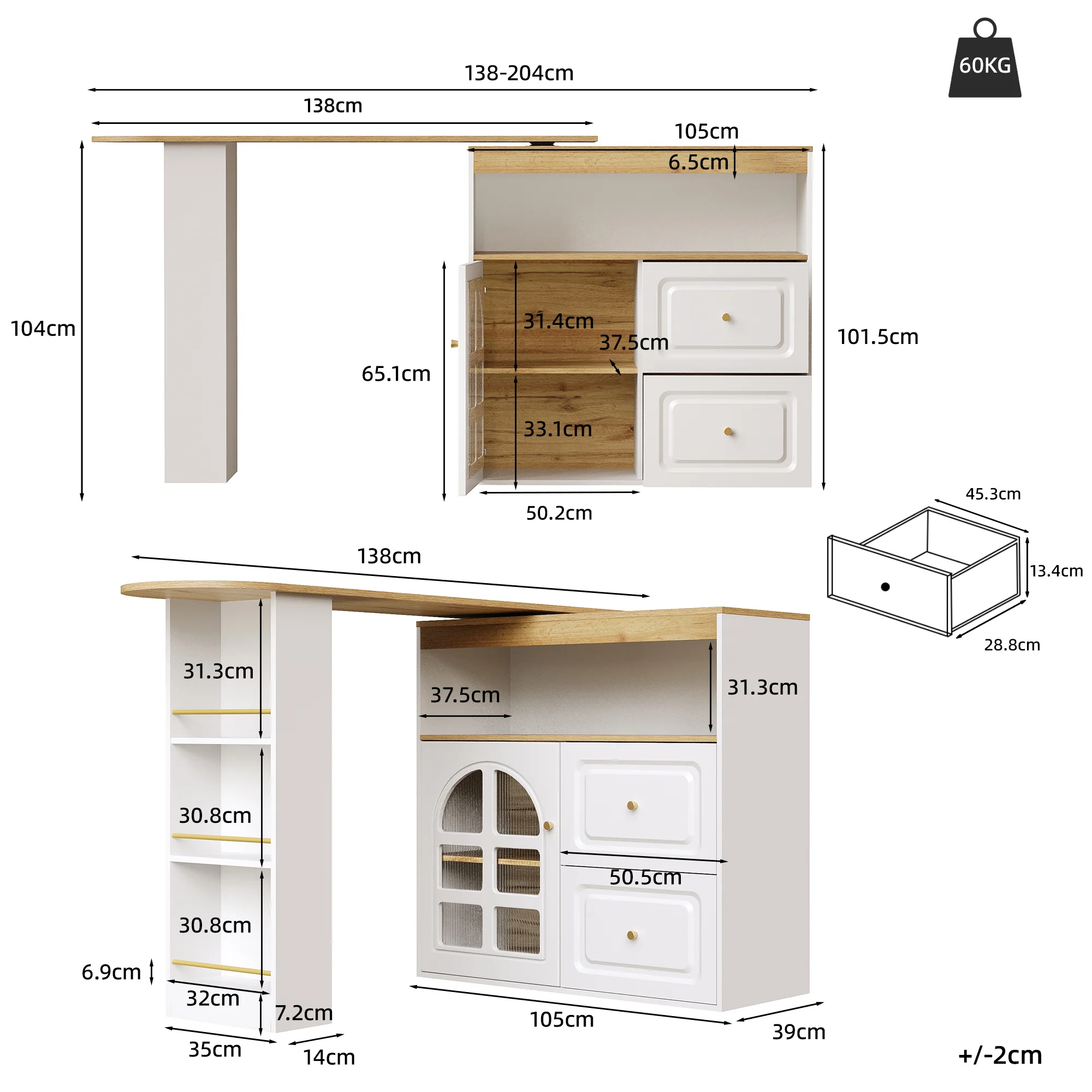 Rotating Dining Bar Sideboard 360° Swivel with 2 Drawers Snack Shelf Curved Glass White - Image 7